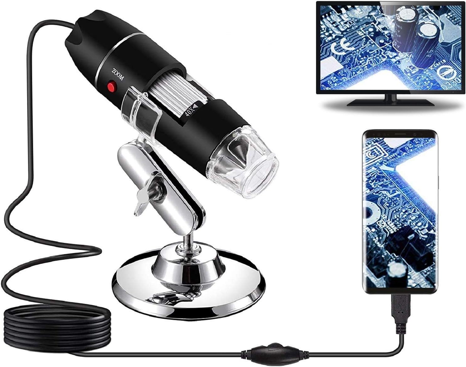 CENXI USB Digital Microscope 40X to 1000X, 8 LED Magnification Endoscope Camera with Carrying Case & Metal Stand, Compatible for Android Windows 7 8 10 11 Linux Mac