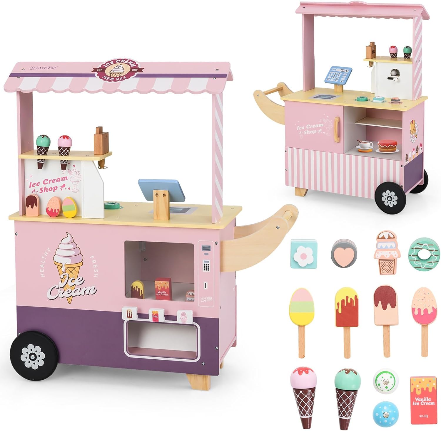 FANTASK Chariot à Glace pour Enfant Rose avec 15 Accessoires, Magasin en Bois avec sorbetière, Caisse enregistreuse, Scanner et Distributeur Automatique, Magasin de marchands et crème glacée, Jouet