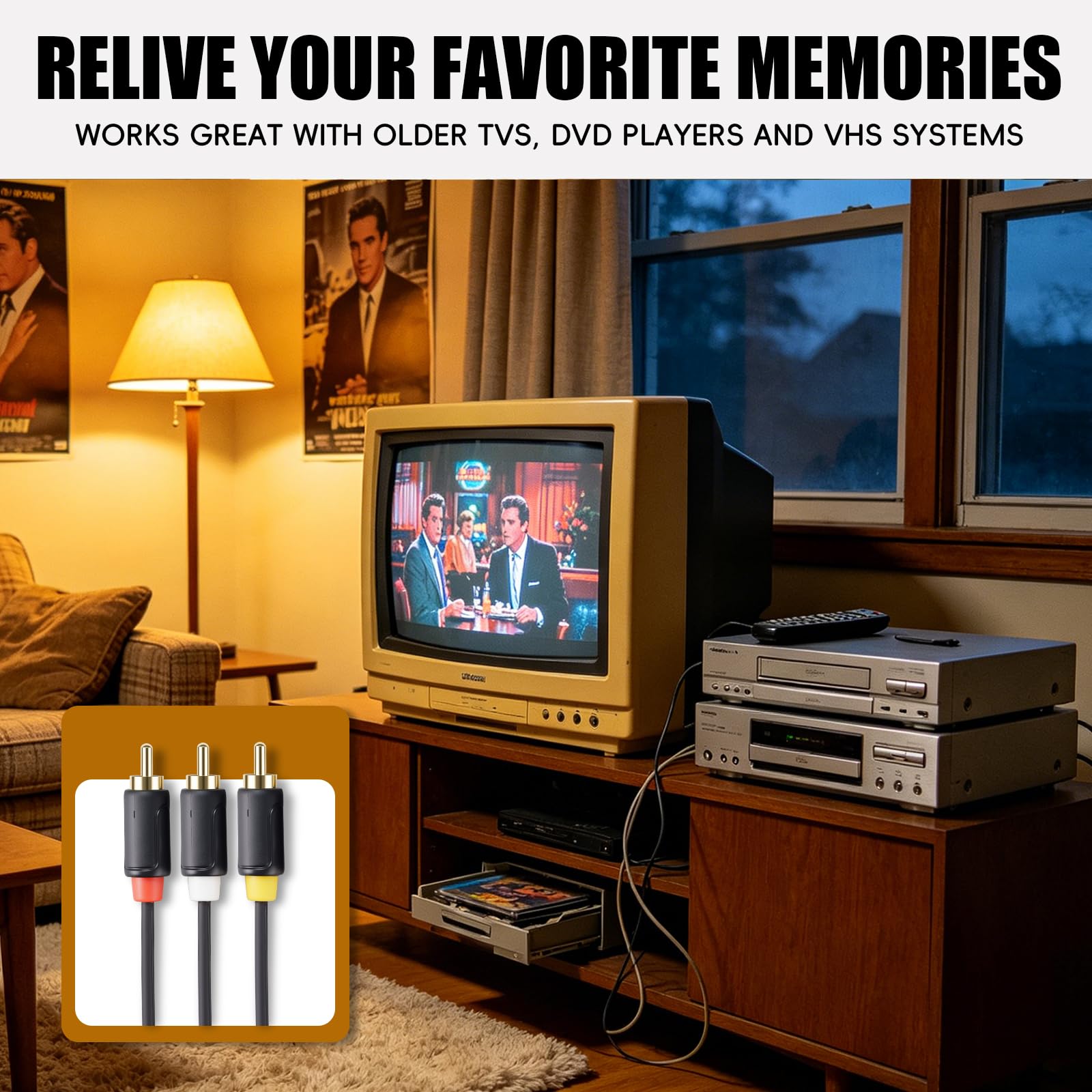 RCA AV Kabel, 3 RCA Stecker auf Stecker für DVD, PS1, PS2, VCR, 1,5 m | Composite-Video und Stereo-Audio, vergoldete Anschlüsse, verstärkte PVC-Ummantelung, für Geräte mit Standard-Cinch-Ports