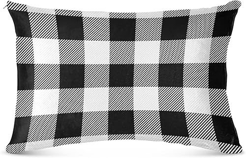 Funda de almohada de lana cuadriculada blanca y negra, fundas de almohada de tamaño Queen agradables a la piel, funda de almohada con cremallera, 4