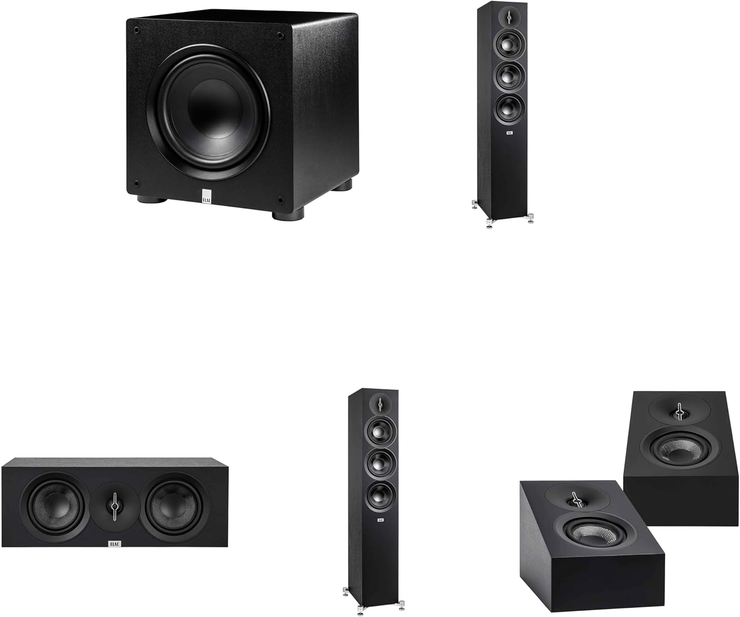 ELAC DF53-BK - Debut 3.0 5.25" Floor Speaker - Black (Pair), DA43-BK Debut 3.0 - DA43-BK Atmos/On Wall Speaker, PS350 Subwoofer DC53 Center Channel