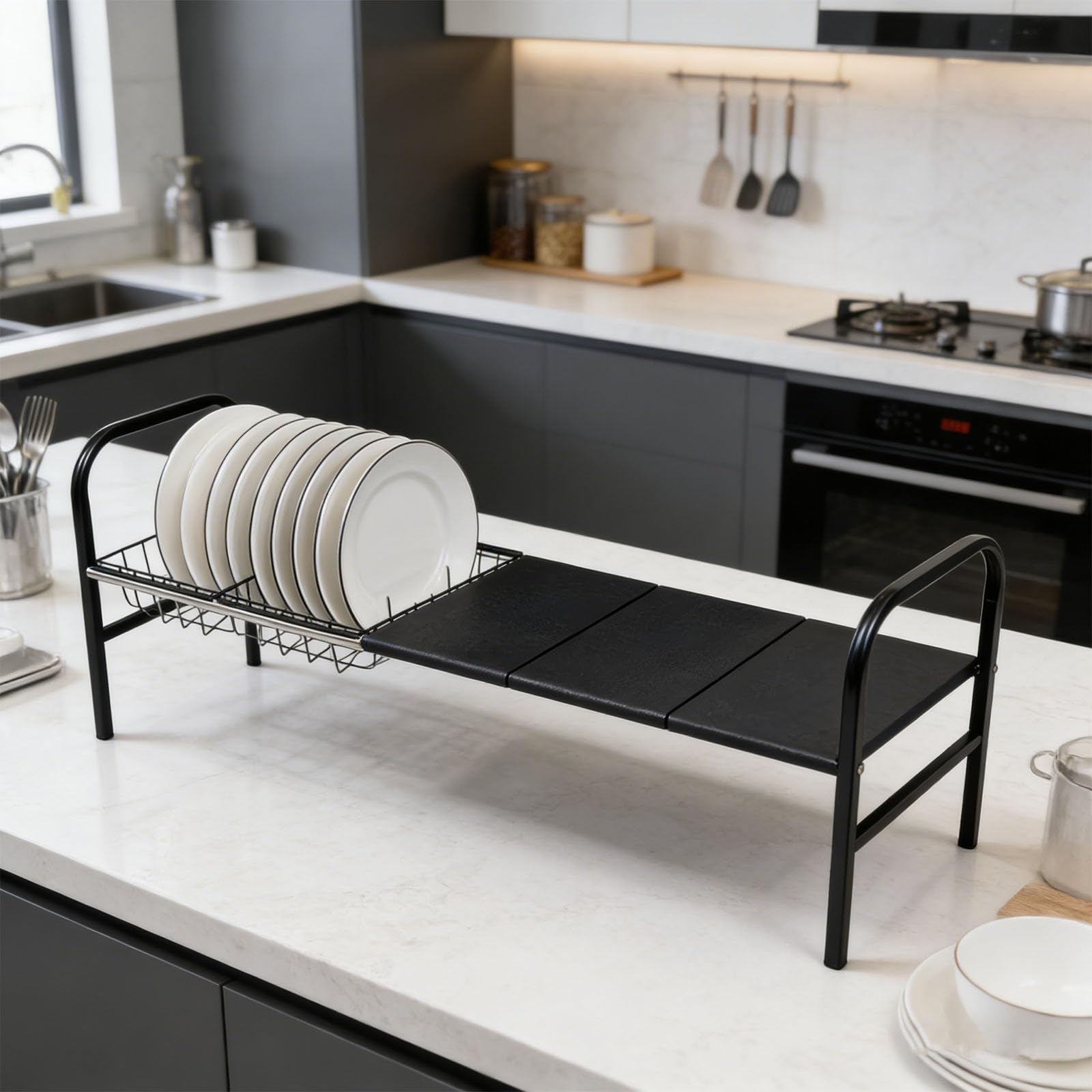 Estante de almacenamiento de cocina con 2 capas, 3 tablas y 3 cestas para organizar ollas, sartenes y utensilios, estante de almacenamiento que ahorra espacio