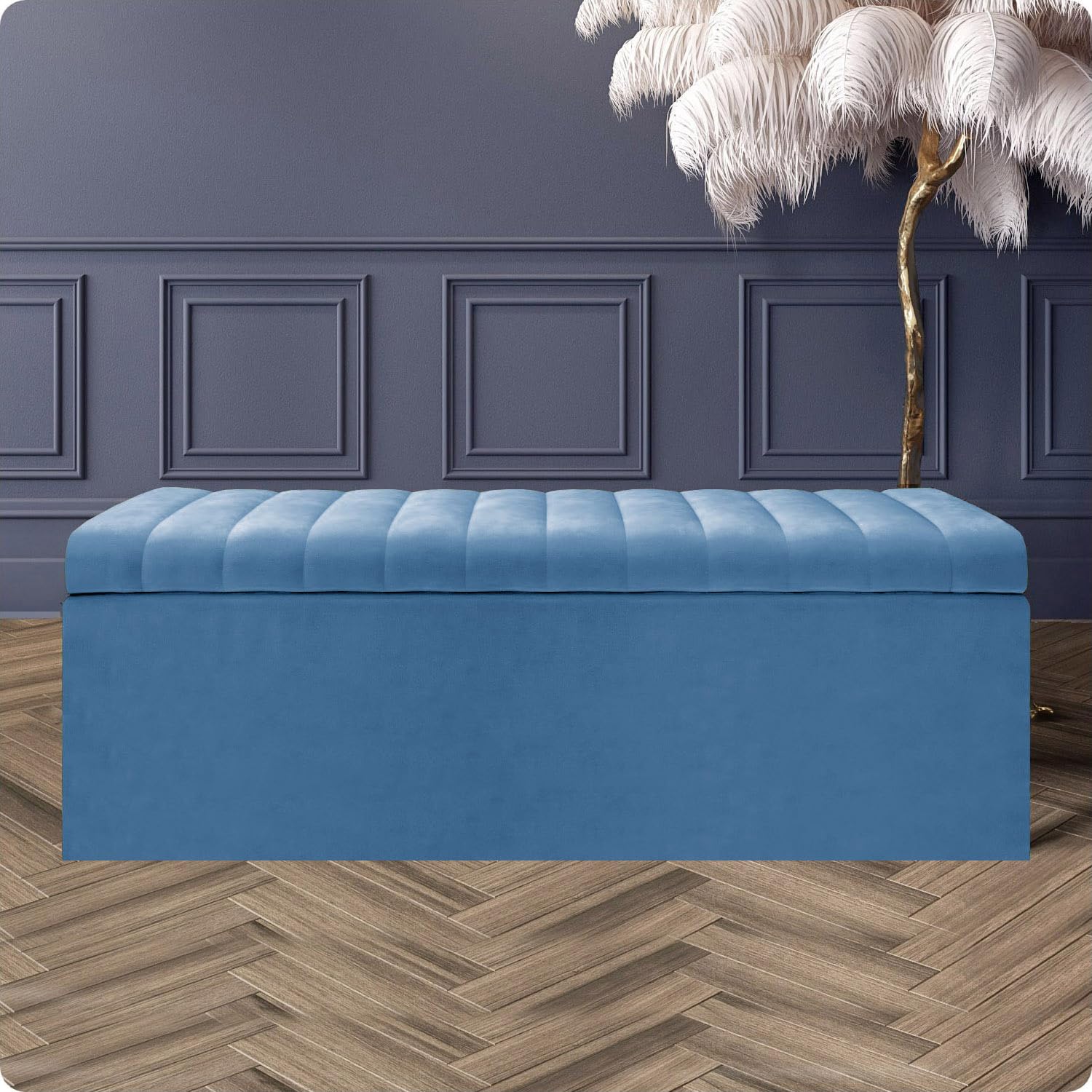 137cm Wide Large Safar Striped Ottoman Storage Box - Plush Velvet Upholstered Blanket Box - End of Bed Storage Bench - Shoe Storage Bench - Rectangle Coffee Table with Storage (Duck Egg Velvet)
