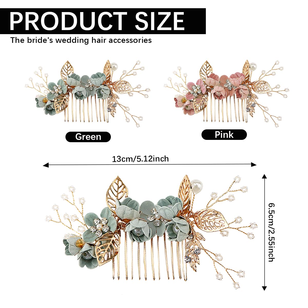 ZJIVQO 2pcs Handmade Wedding Hair Comb,Pearl Crystal Hair Clips,Bridal Crystal Leaf Hair Vine Comb Wedding Hair Accessories for Women Girls Bridemaid (Green,Pink) - Image 2