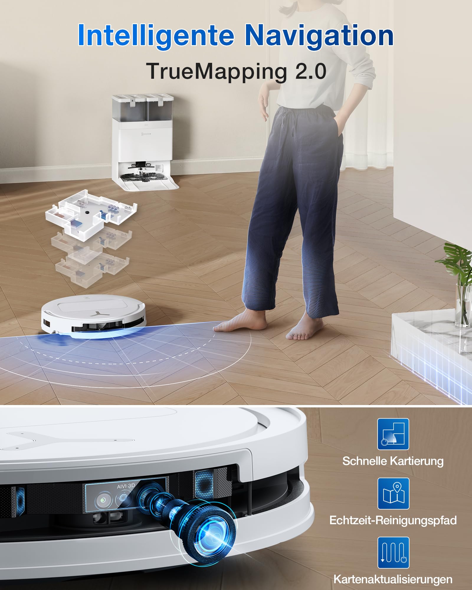 ECOVACS DEEBOT T50 Omni Saugroboter mit Wischfunktion,15.000 Pa, T30 Omni-Upgrade, Ausziehbare Seitenbürste und Mopp, ZeroTangle 2.0, Moppwäsche mit 75°C heißem Wasser, All-in-One Station
