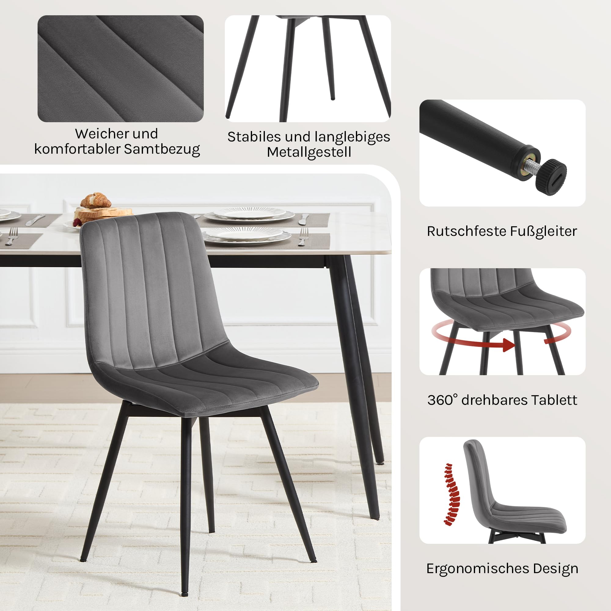 Esszimmerstühle 4er Set drehbar, Samt Küchenstühle Essstühle mit Rückenlehne, Metallbeine, Gepolsterte Stühle für Esszimmer Küche, Ergonomisch, Dunkelgrau