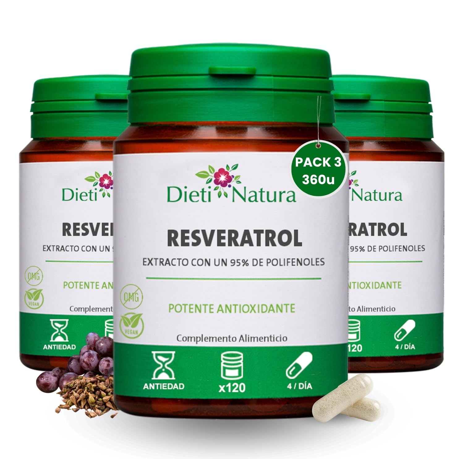 Dieti Natura Trans-Resveratrol 360 Cápsulas de Origen Vegetal - Resveratrol Antioxidante y Antiedad - Extraído de la Piel de Uvas Rojas con Polifenoles Naturales - Antioxidante Potente