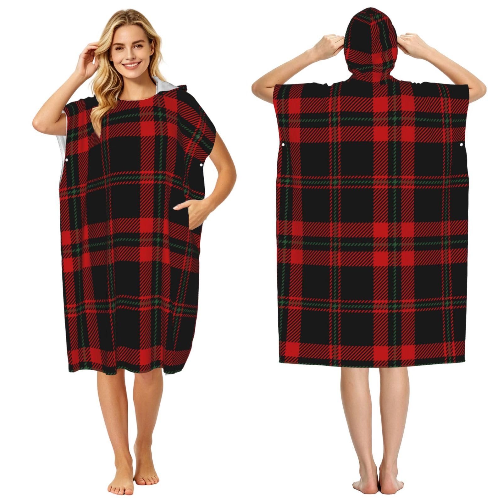 Poadnly Tartan Plaid Scottish, Adult Hooded Beach Towel 90 x 110 cm,Changing Bath Robe, Surf Poncho Towel For Women Men
