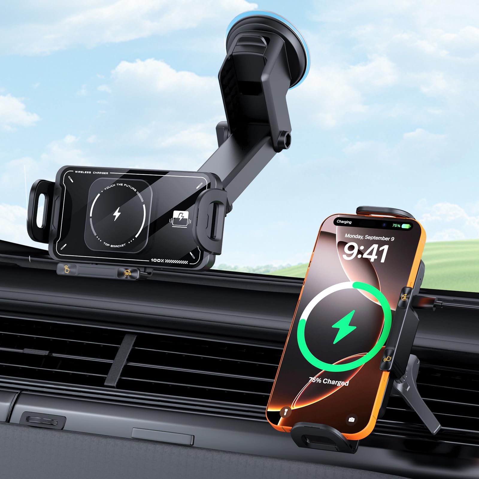 Qoosea 15W Support Telephone Voiture Induction, Qi Rapide Chargeur Induction Voiture sans Fil avec Ventouse Clip QC, Support Chargeur pour Samsung Galaxy Z Fold 7/6/5/4/3 S25/S24 iPhone 17 Série
