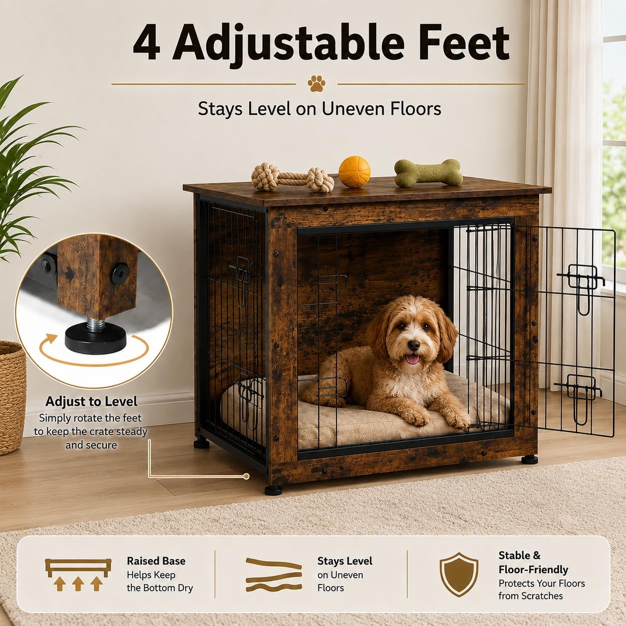 EGGREE Gabbia per Cani, Interno 62 cm, 2 Porte, Effetto Legno, Marrone