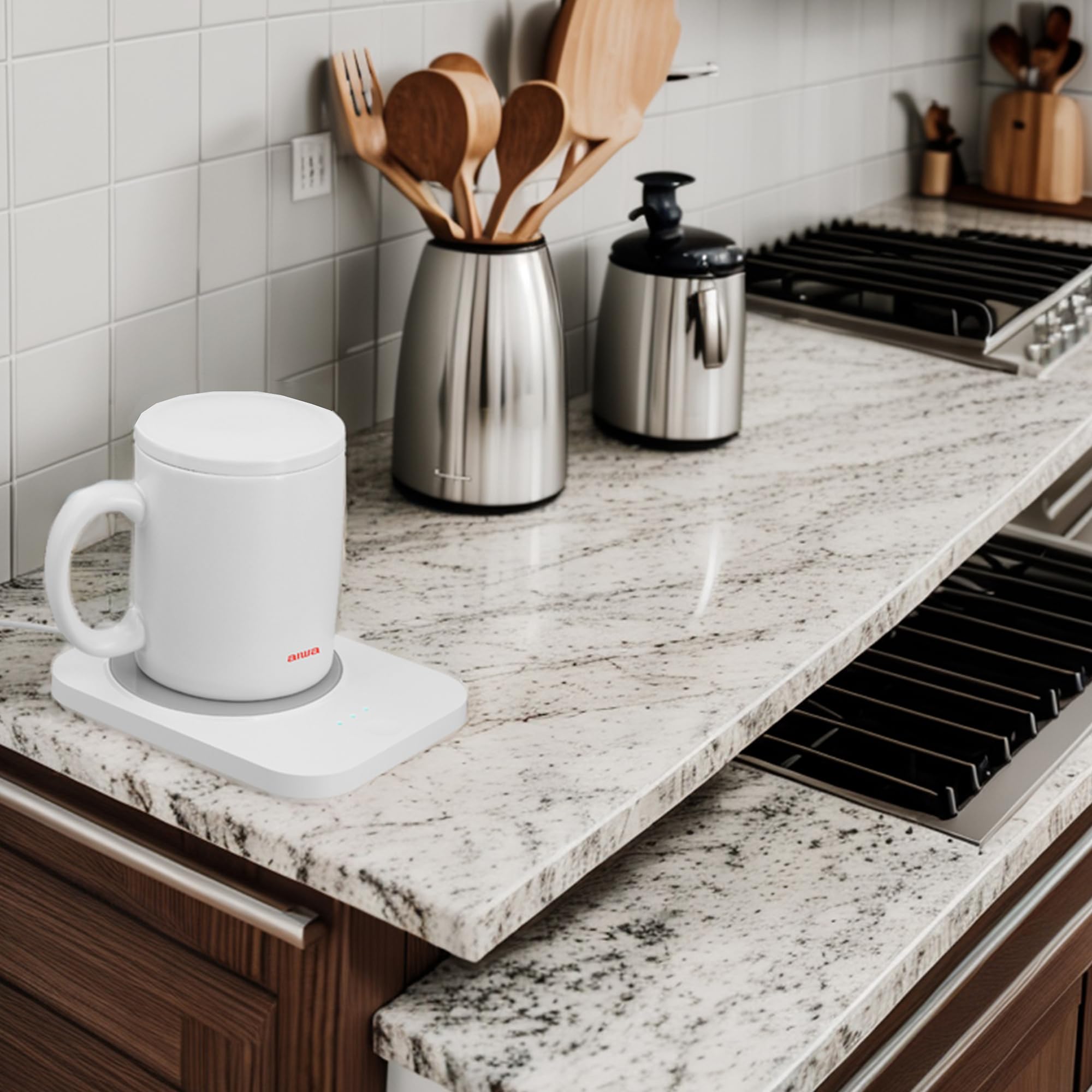 Calentador de taza de café y cargador inalámbrico, calentador de tazas inteligente 2 en 1 y cargador de teléfono inalámbrico de 15 W, tecnología de inducción inteligente ultra segura con apagado 8