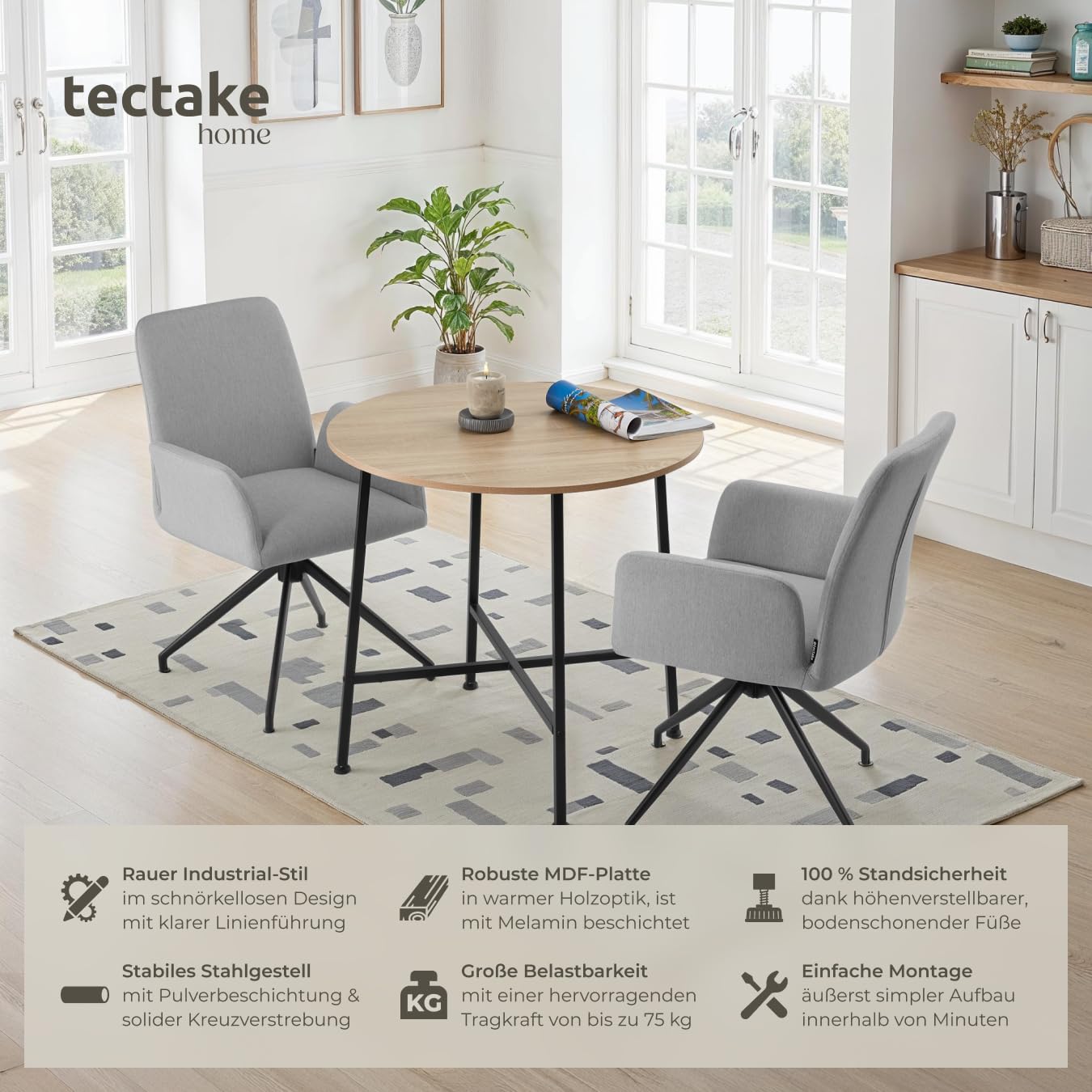 tectake® Industrial Esstisch rund, Kleiner Küchentisch, 80 x 76 cm (Ø x H), Holztisch, runder Tisch, Küchenmöbel, Tisch Wohnzimmer, Dining Table, Esstisch Holz - Industrial Holz Hell, Eiche Sonoma