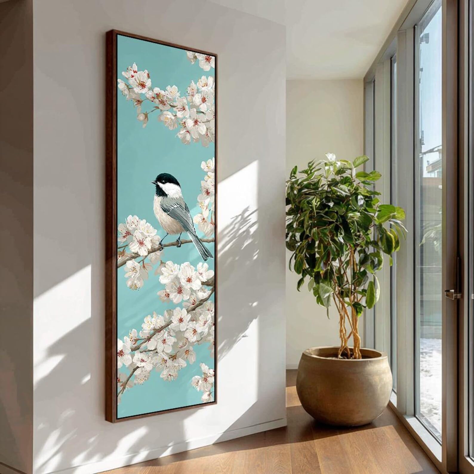 XINBAO Minimalist Botanical Print with Neutral Colors, Vertical Canvas Long and Narrow Wall Art for Contemporary Bird Painting(35x105cm/Frameless)