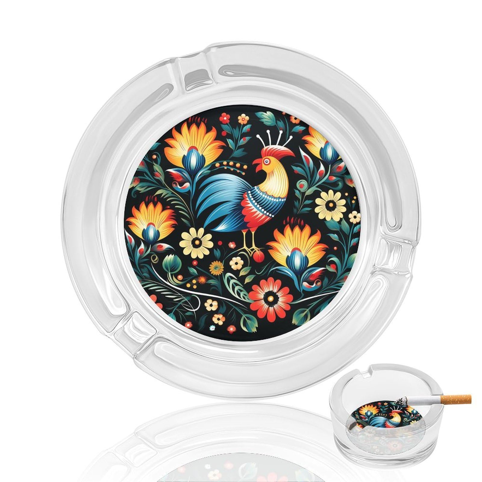 Polish Folk Art Pattern Ashtray Cigar Cigarette Rest Glass Outdoor Cigar Ashtrays with 3 Grooves Travel Cigar Ashtrays Fancy Cute Cool Ash Tray for Smokers Tabletop