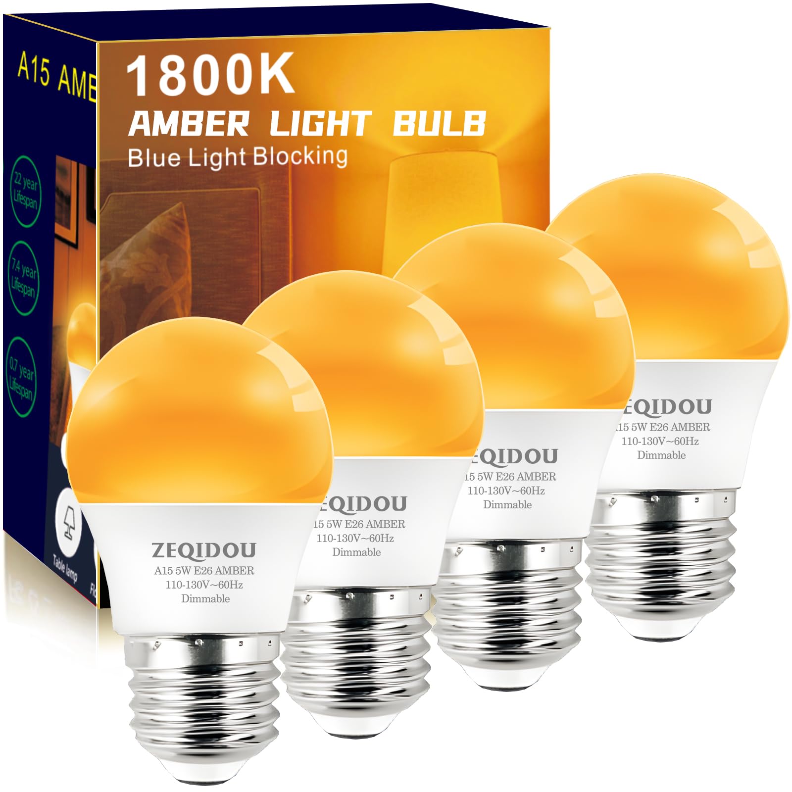 Amber Sleep Light Bulbs Dimmable, Blue Light Blocking, A15 E26 5W(40 Watt Equivalent) Dim Light Bulbs,1800K Warm Light Bulbs for Healthy Sleep, Bedroom, Kids Room, 4-Pack