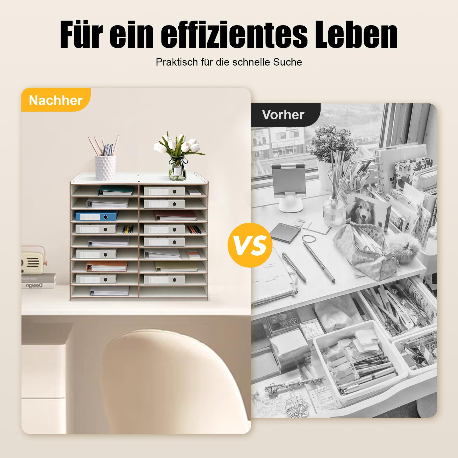 Dokumentenablage Holz 9 Schichten Ablagesystem für Büro 18 Ablagefächer für A4 Ordner Schreibtisch Organizer für Büro, Arbeitszimmer, Schule 51.8 x 33 x 49 cm (Weiß)