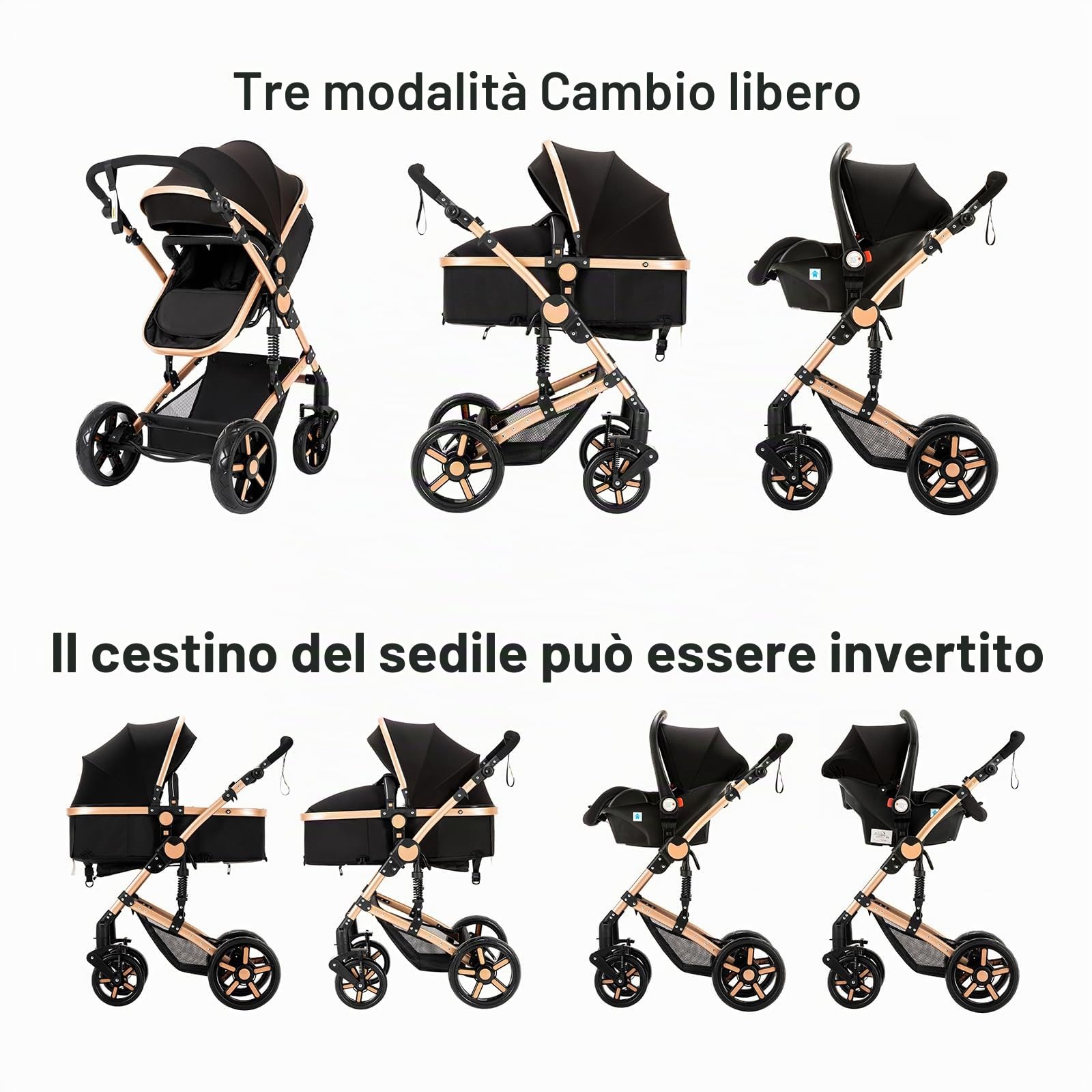 MoLi Passeggino Trio, Passeggino 3 in 1 con Doppia Modalità Push Reversibile, Trio Passeggino Neonati con Grande Navicella, Carrozzina per Neonati in Alluminio Pieghevole (588 Tawny)