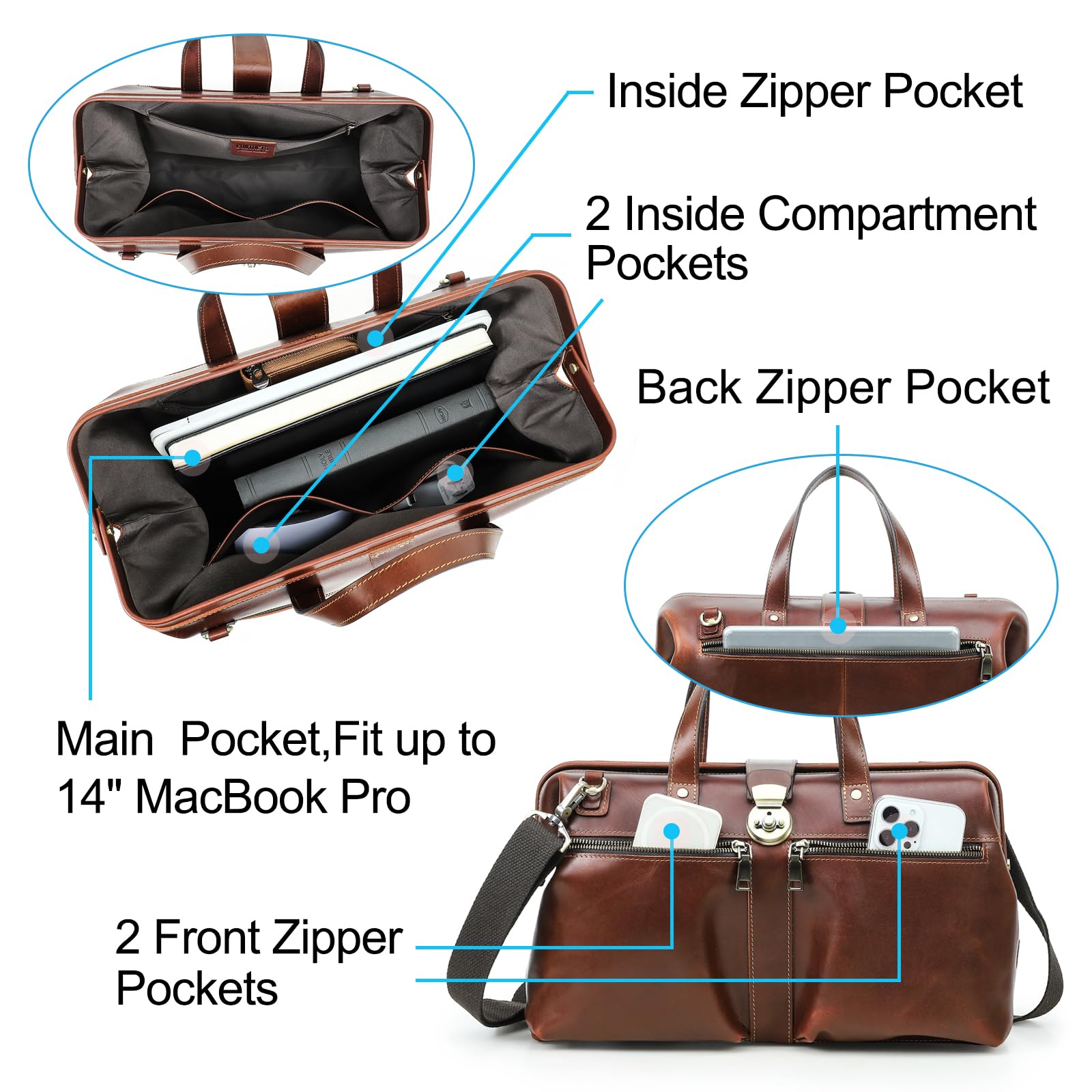 CONTACTS Bolso médico de cuero de grano completo para hombres y mujeres, maletín vintage de 14 pulgadas, bolso de hombro de gran capacidad con apertura de marco de metal para abogados