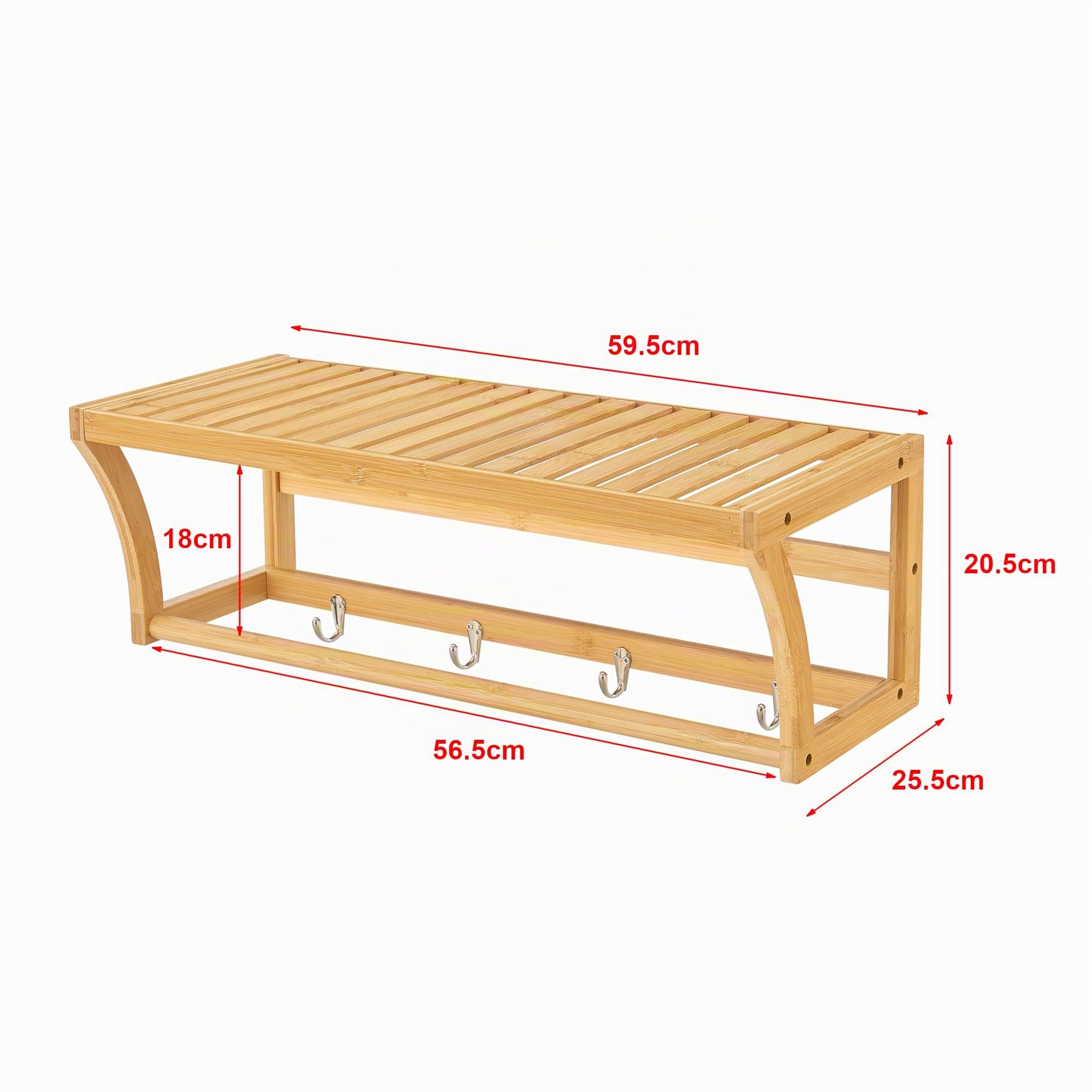 [en.casa] Estantería de Pared para Baño Pasillo con Estante Toallero y 4 Ganchos Mueble de Cocina con Barra para Paños de Cocina Bambú 30 x 55 x 23 cm - Natural