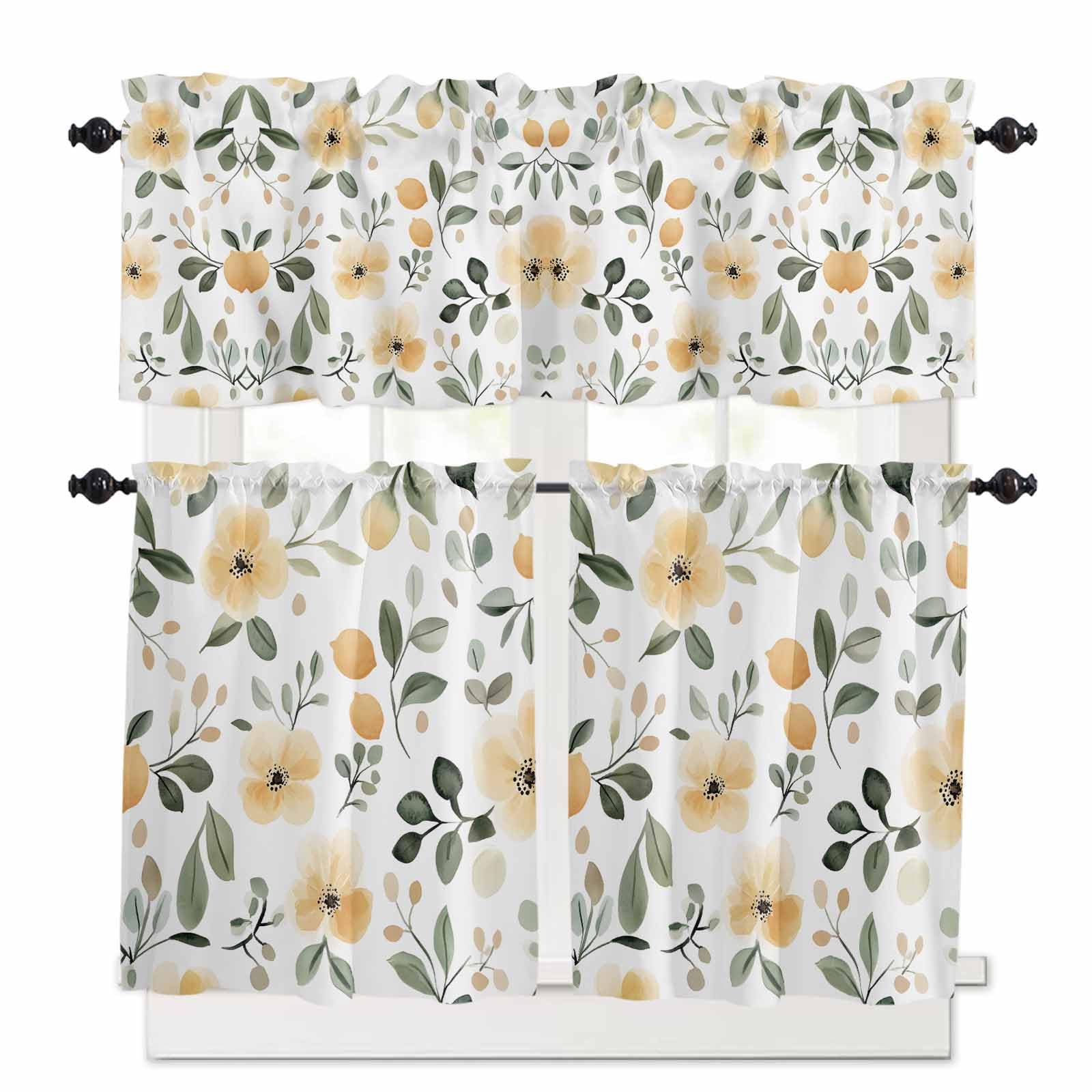 Botanical Kitchen Curtains 24 Inch Length,3 Piece Rod Pocket Small Half Tiers and Valance Set,Flower Floral Vintage Wildflower Garden Motifs Small Large Window Treatment Decor for Bedroom/Bathroom