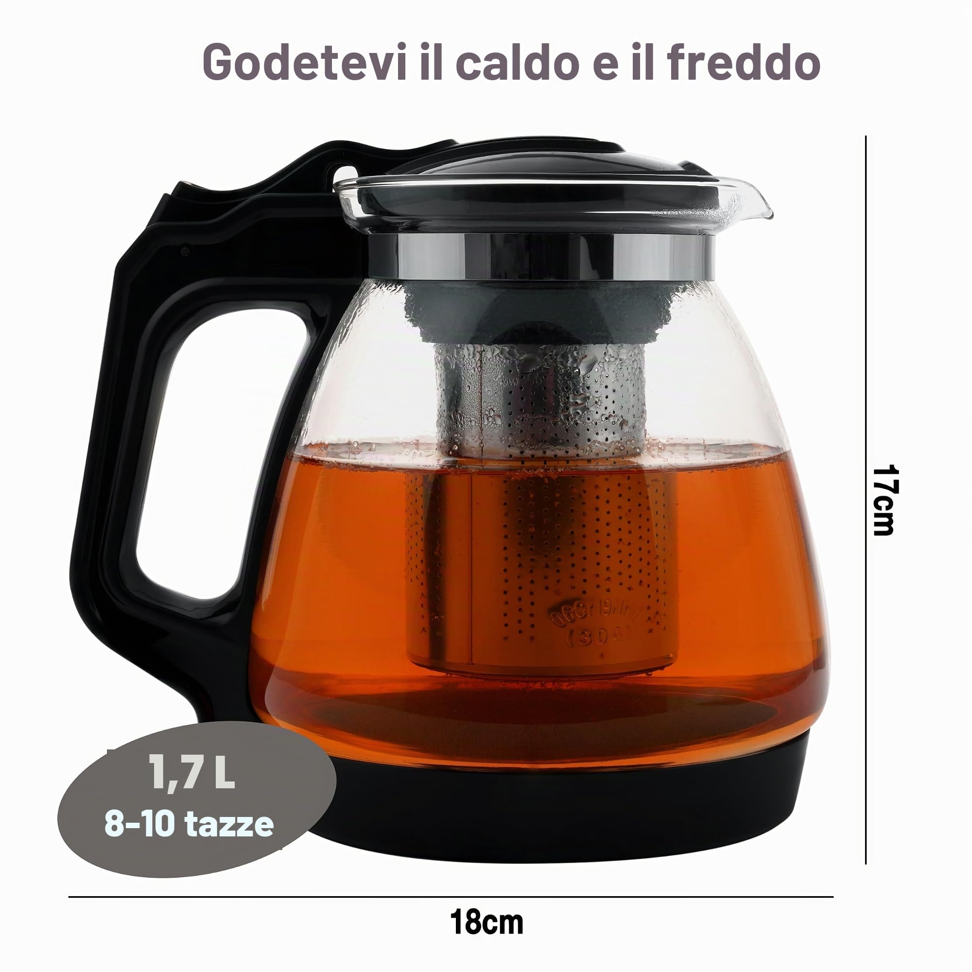 NORDIC SCHILLER Teiera in vetro da 1,7 l con filtro in acciaio inox, resistente al calore, lavabile in lavastoviglie, per gli amanti del tè