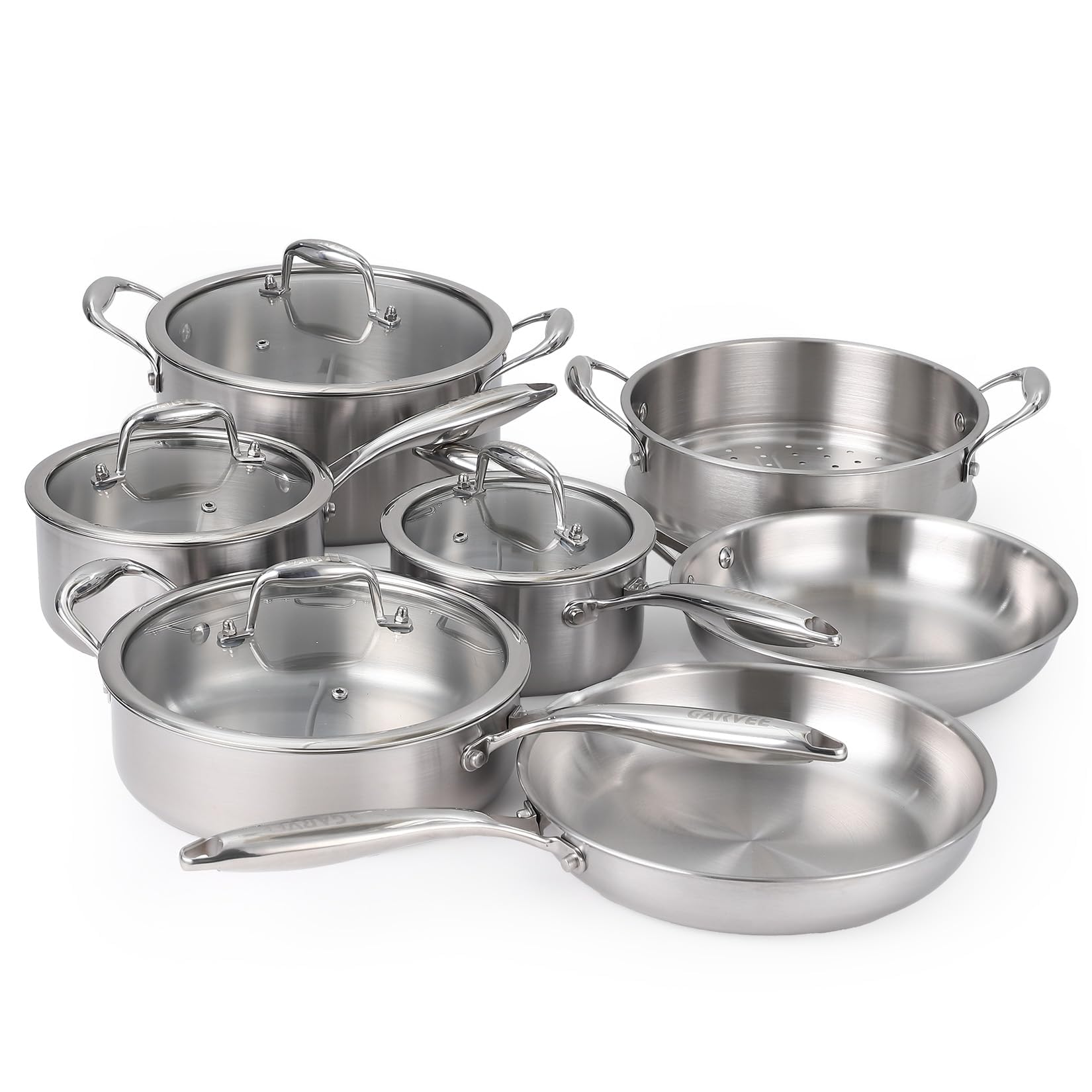 Juego De 11 Piezas De Ollas y Sartenes De Acero Inoxidable De 3 Capas Con Tapas - Juego Profesional De Ollas y Sartenes, Apto Para Inducción, Horno y Lavavajillas.