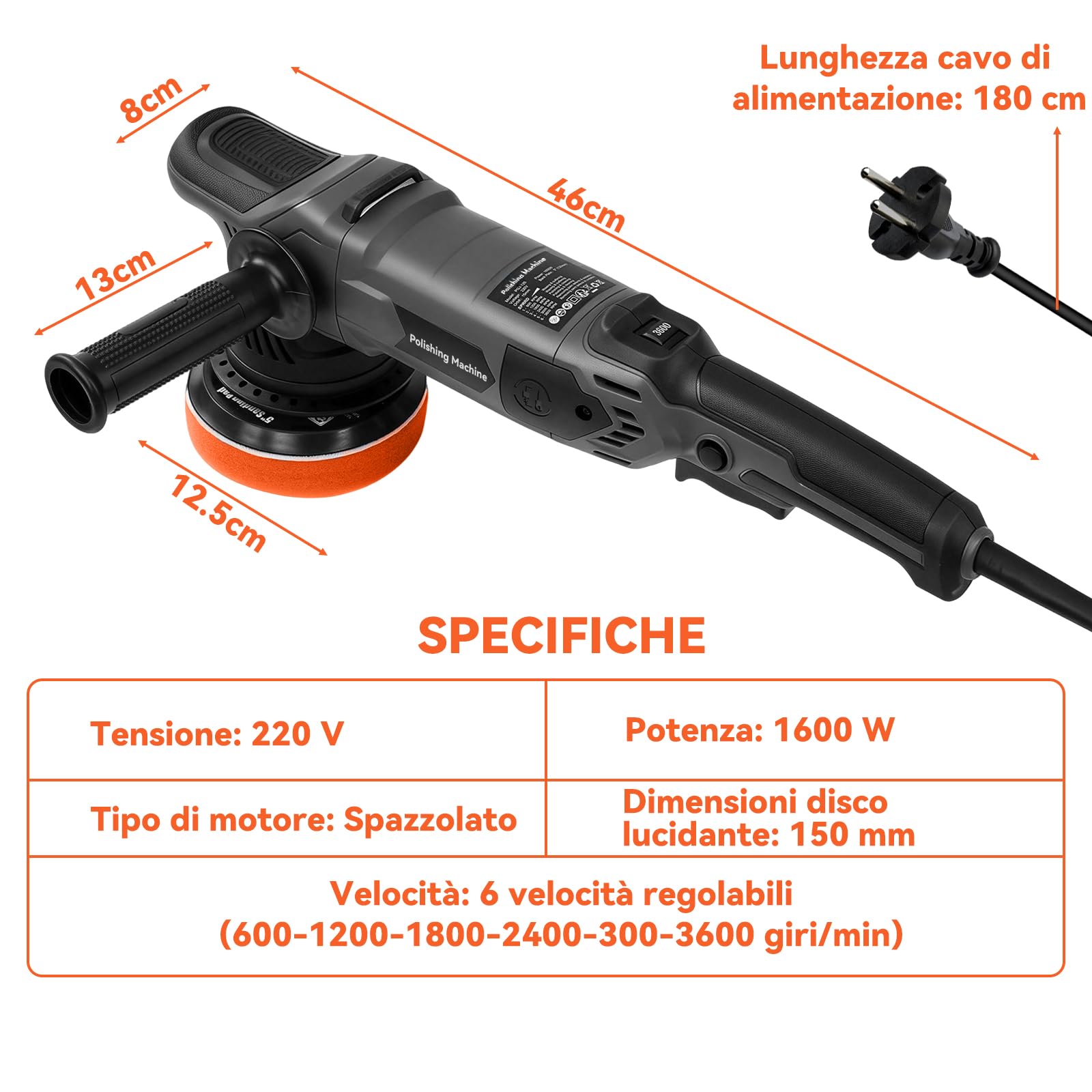 Lucidatrice Rotorbitale Auto, 1500W 15mm Lucidatrice Eccentrica Per Auto Lucidatura E Cera Con 6 Velocità Variabili Da 600-3600rpm, Kit Lucidatura Auto Elettrica Con 2 Impugnatura, 150mm Piastra
