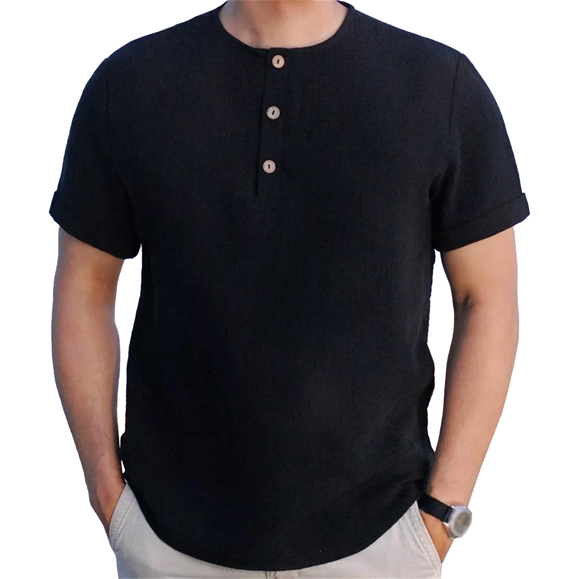 VgueElegc Men's Crew Neck Henley Shirt Tees Solid Color Soft Beach T-Shirt Short Sleeve Quarter Golf Shirts (Black,Medium)