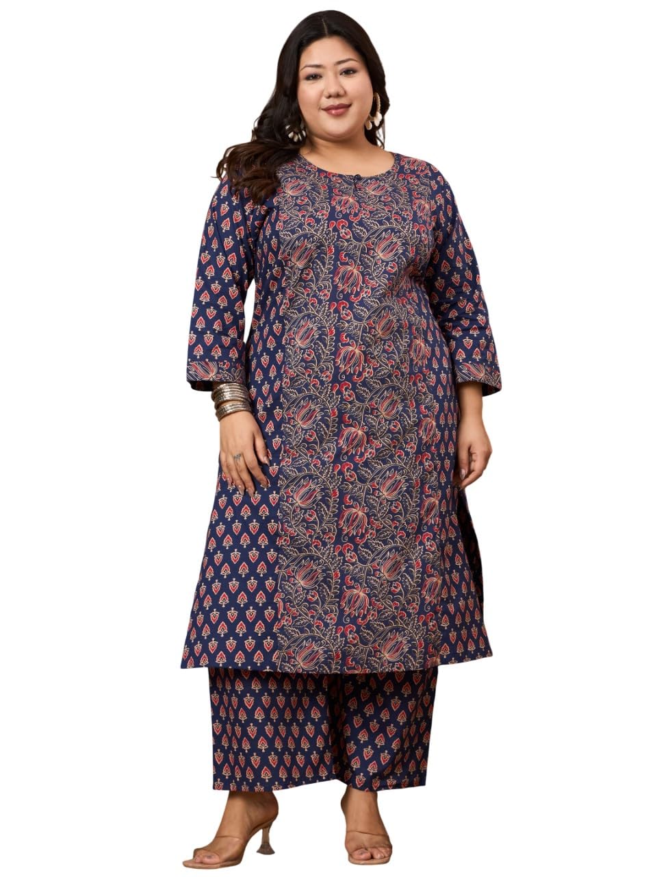 tissu plus Size Women's Dark Blue Floral Printed Kurta Palazzo Set-picture-34