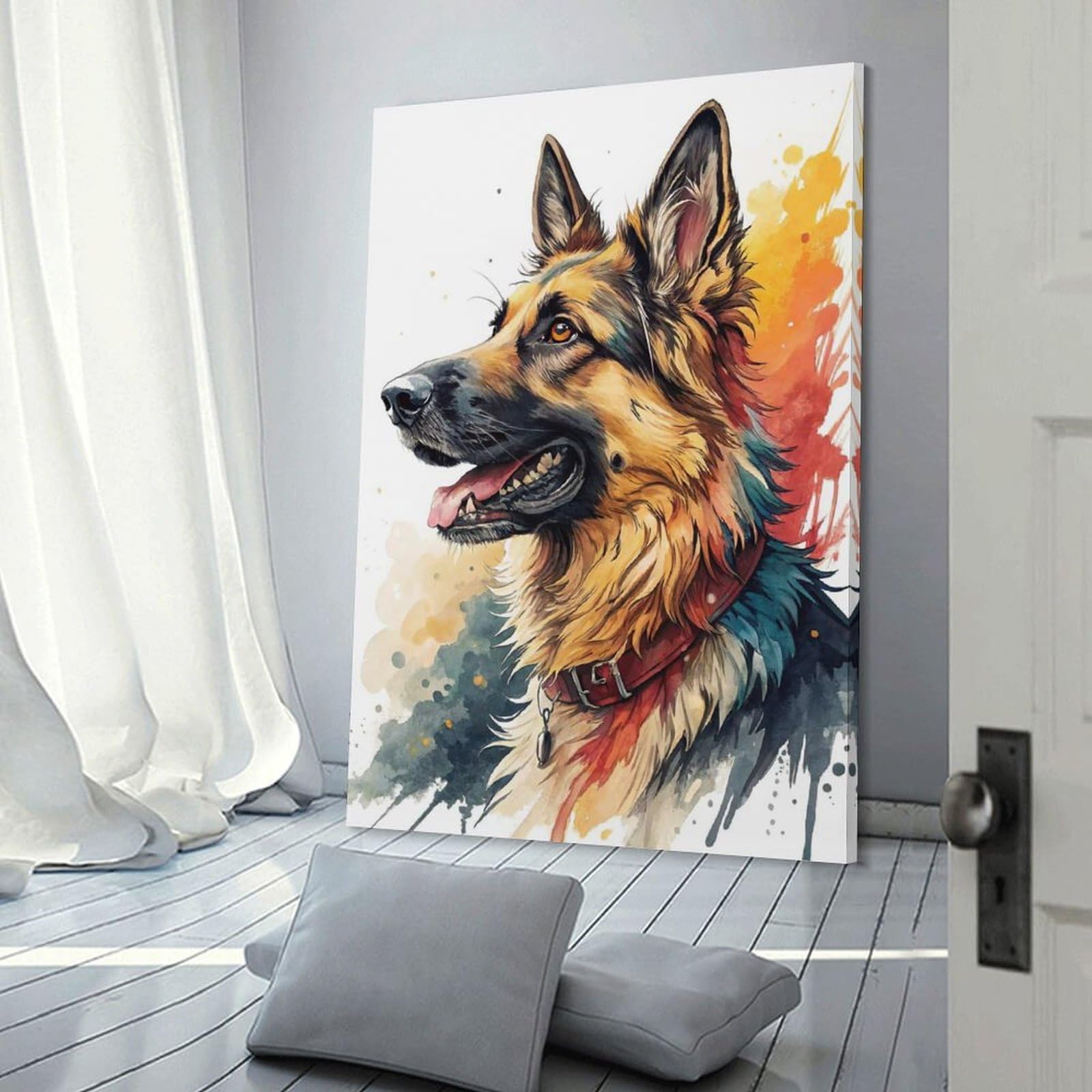 Junmoney Watercolor German Shepherd Portrait Canvas Wall Picture, 20x30inch(50x75cm), for Wall Displays, Bedrooms Or Room Updates, Wall Decor Suited to Curated Displays