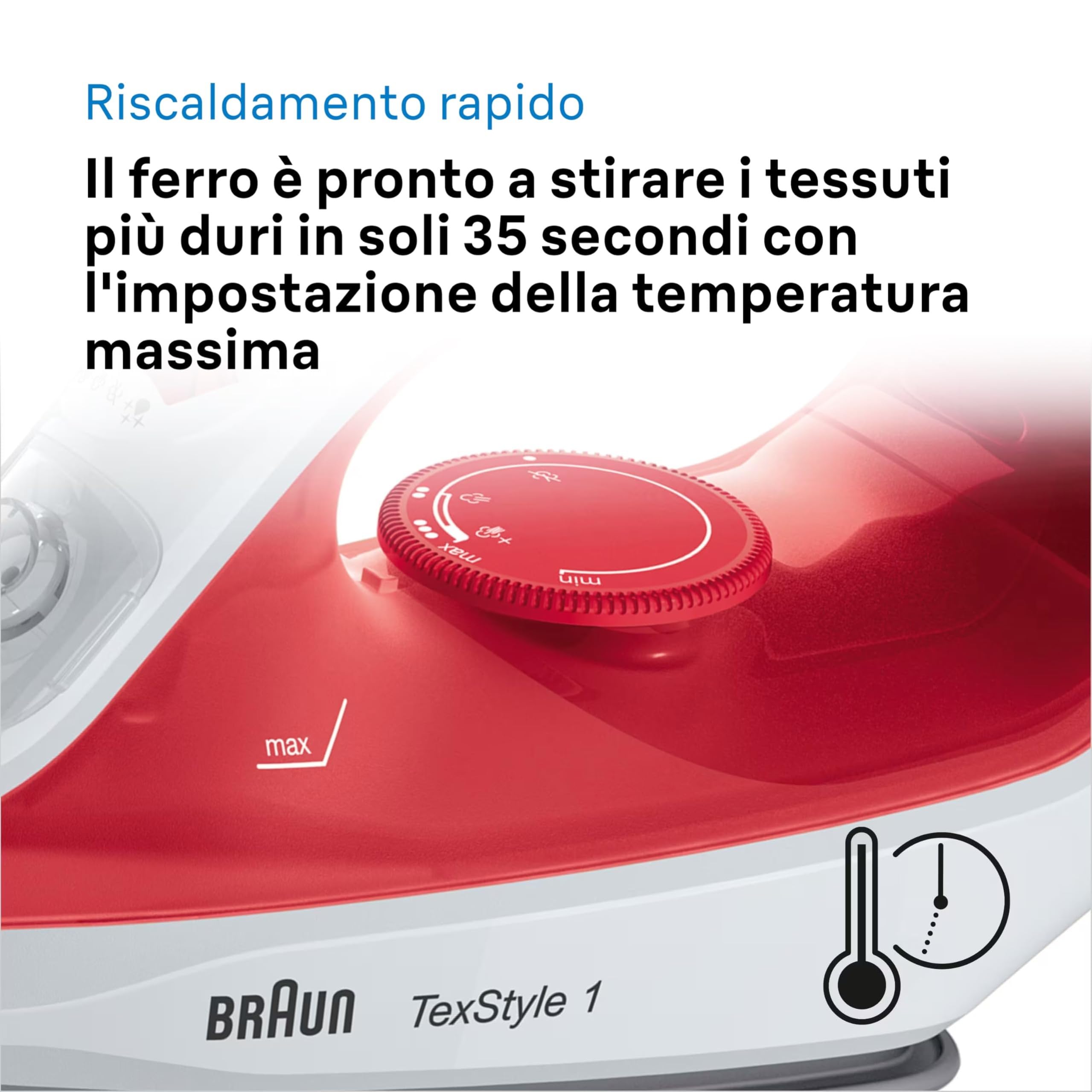 Braun TexStyle 1 SI 1019, Ferro da stiro a Vapore, Rivestimento Antiaderente, Termostato, 25g/min in modalità Turbo, Capacità Serbatoio Acqua 220ml, 1900W, Rosso/bianco