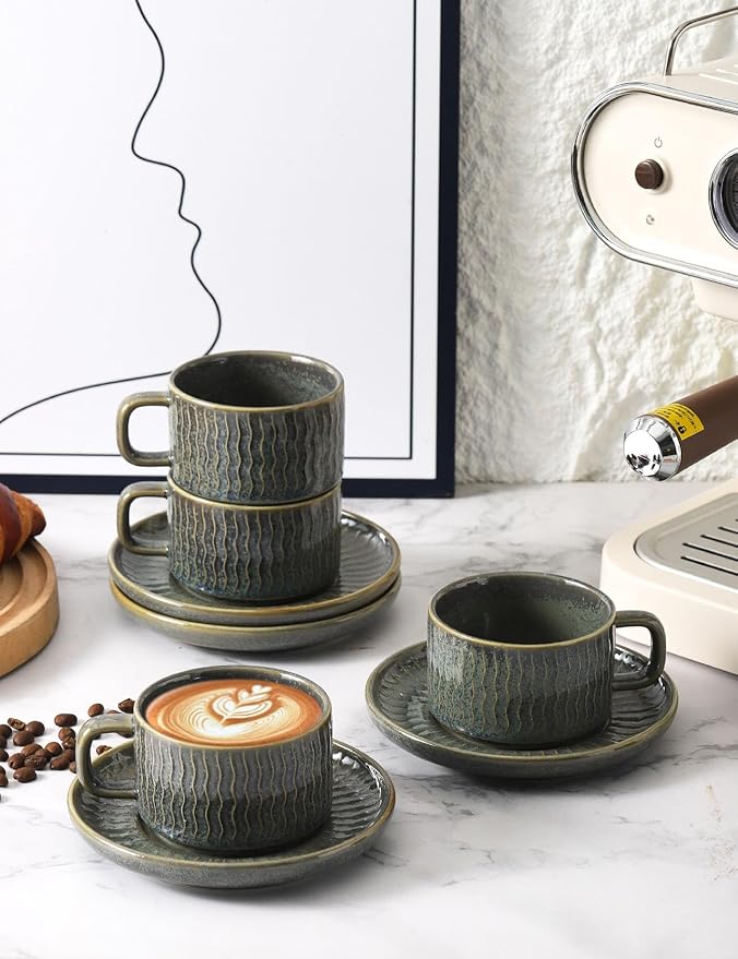 Espresso Cup with Saucer - 6 Ounce Ceramic Espresso Mugs Set of 4, Cappuccino Cups Set, Latte Coffee Cups for Coffee, Cafe Mocha, Tea, Green