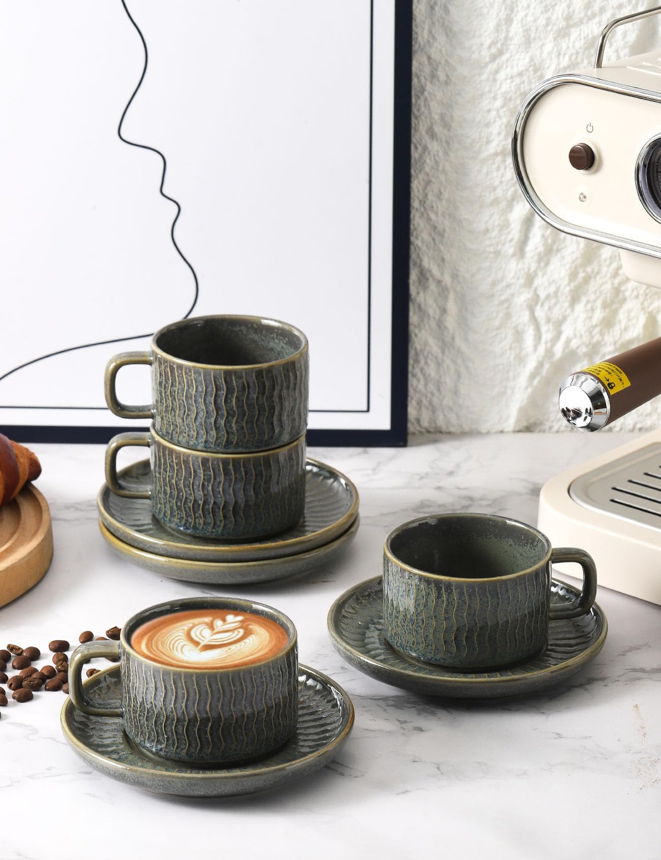 Selamica Ceramic Espresso Cups with Saucers and Metal Stand, 2.5 OZ Stackable Demitasse Cups for Espresso Latte Café Mocha Tea, Set of 4, Assorted