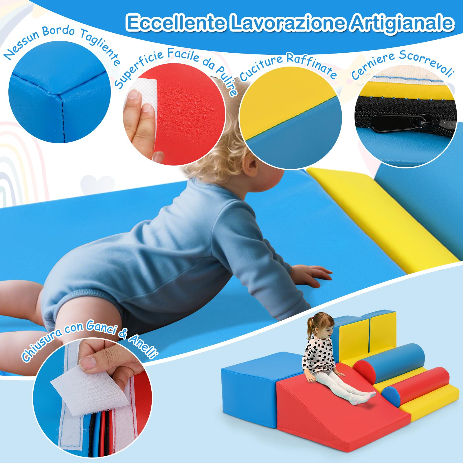RELAX4LIFE Set 7 Blocchi da Arrampicata per Bambini, in Schiuma con Fissaggi a Strappo, Copertura Impermeabile, Base Antiscivolo, Centro Attività Indoor per Neonati di 1+ Anno