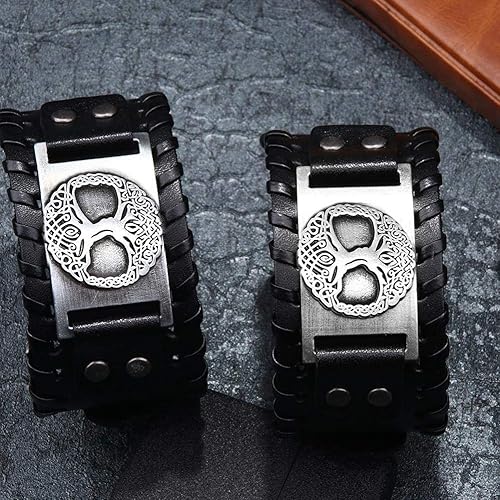 Miniatura 3 de Gungneer Pulsera de cuero negro vikingo nórdico con pata de oso Fenrir Lobo árbol de la vida Yggdrasil Valknut