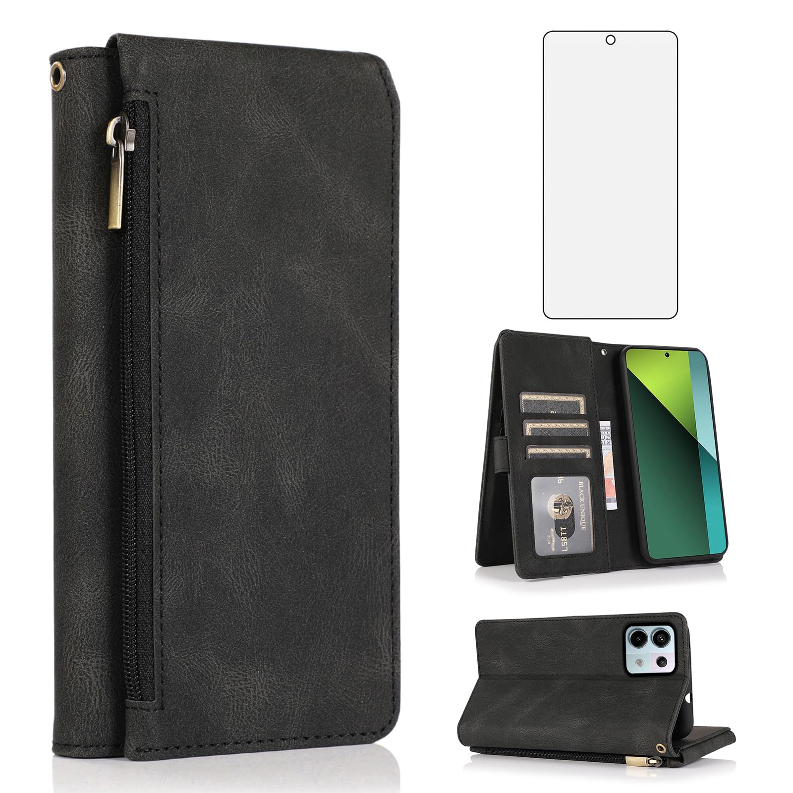 Asuwish Compatible with Xiaomi Redmi Note 13 Pro 5G / Poco X6 5G Wallet Case Screen Protector and Zipper Retro Leather Flip Cover Card Holder Stand