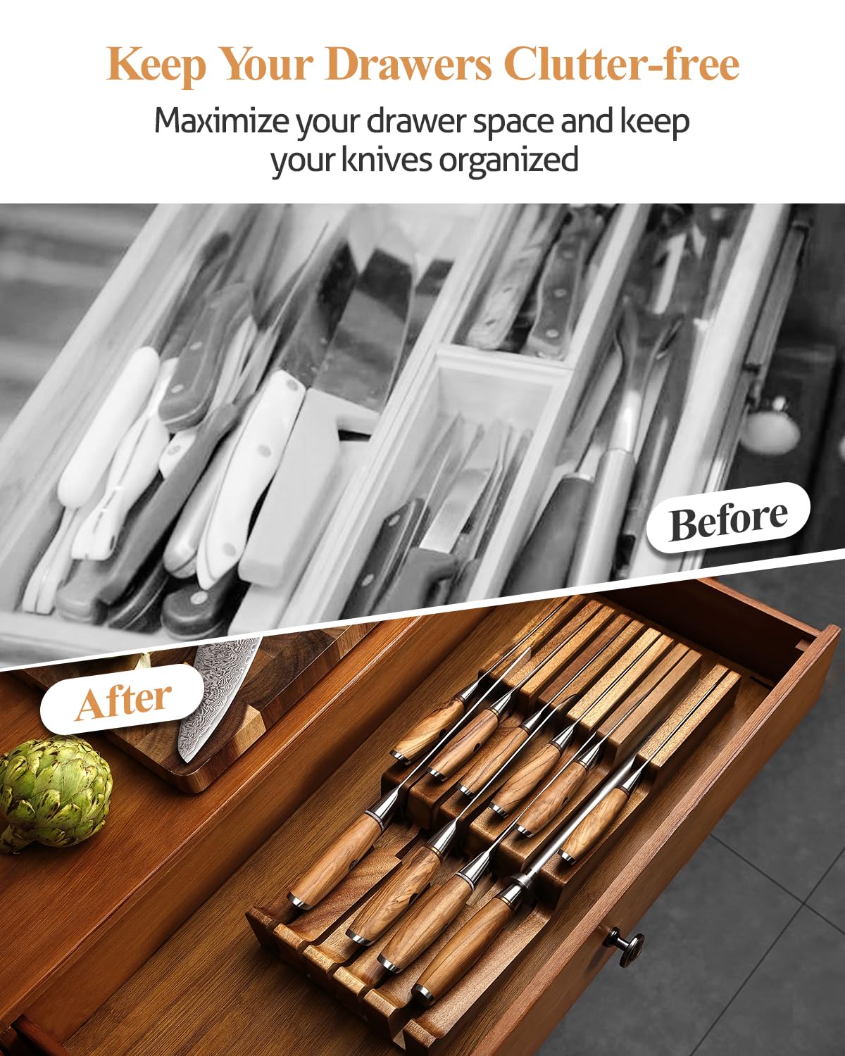 XINZUO Cassetto Blocco di Coltelli da Cucina in Legno di Acacia -43,6x18,4x5,3cm Ceppo Portacoltelli Universale per Cassetto (Senza Coltelli) -4 Coltelli Lunghi+6 Corti+1 Acciarino per Affilare