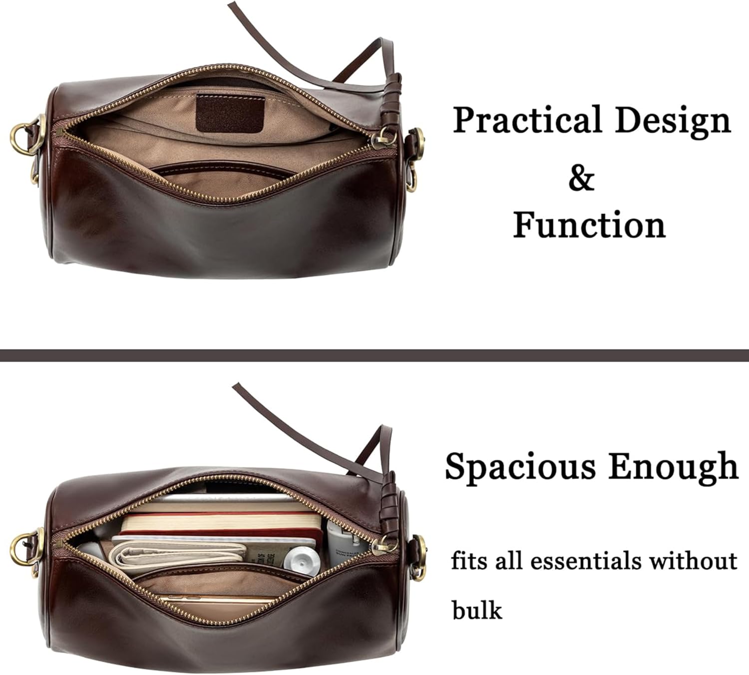 Genuine Leather Crossbody Purse for Women, Trendy Barrel Hobo Bag with Adjustable Strap, Chic Shoulder Handbag for Travel | Full-Grained Leather