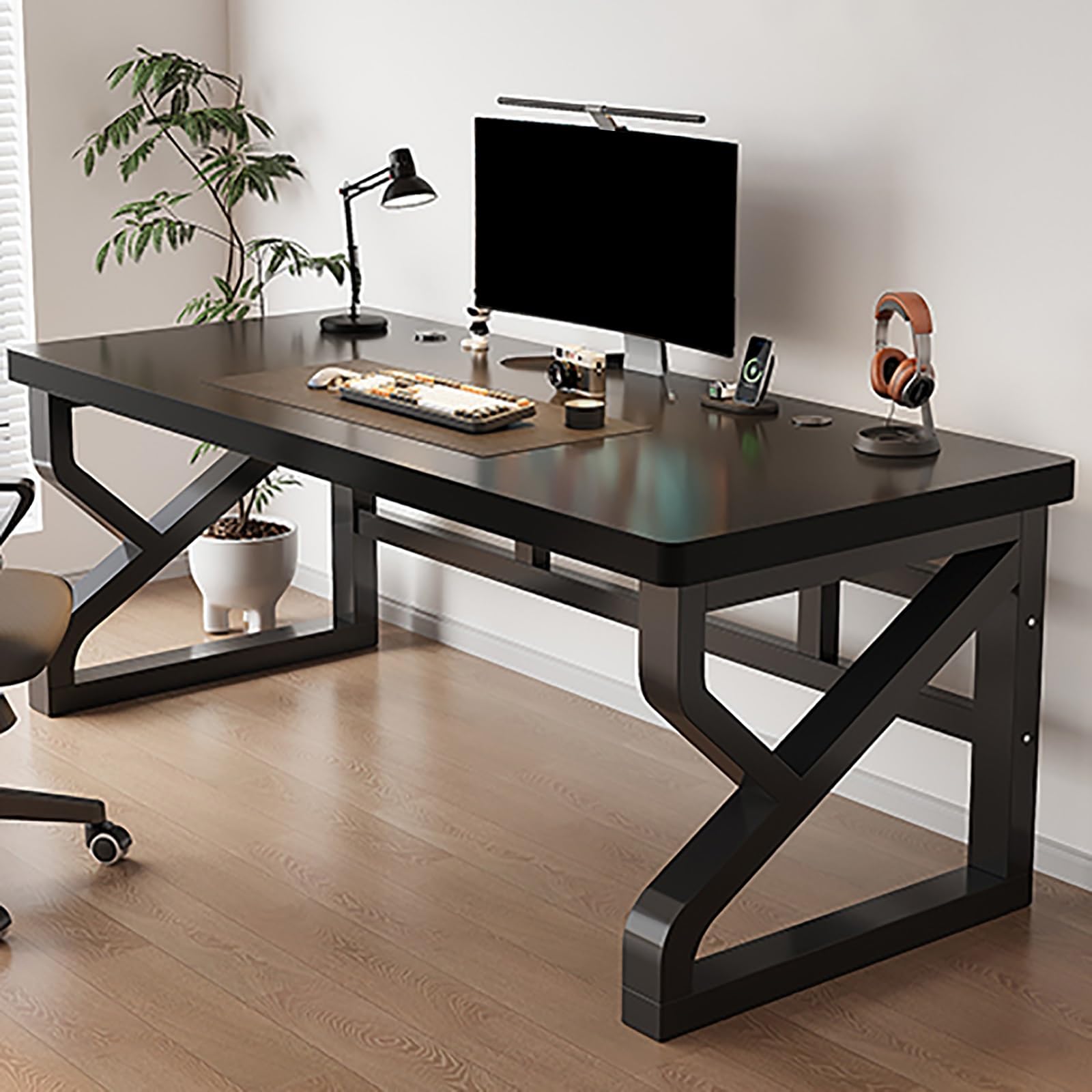 Bureau gaming de jeu large de 100/120cm noir avec trou de câblage et plateau bois massif