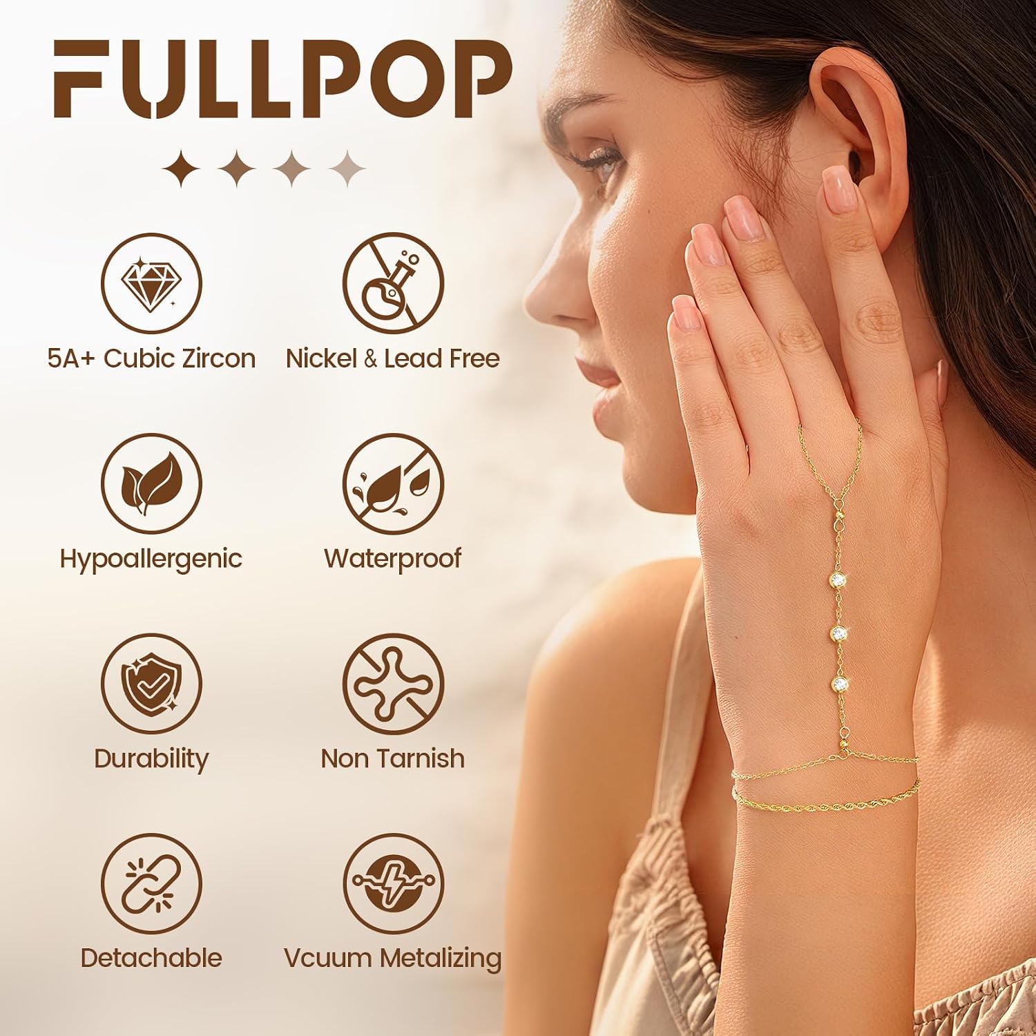 Fullpop Gold Hand Chain Bracelet for Women, Dainty 18K Gold Plated Ring Bracelet Hands Chain Stackable Bracelets for Women CZ Heart Pendant Beaded Hand Bracelets for Women Non Tarnish Jewelry for Her