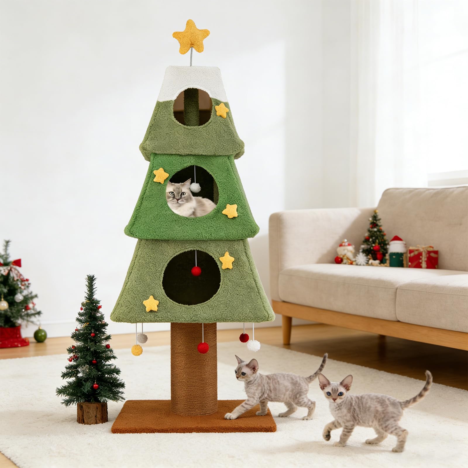 GYMAX 162 cm Kratzbaum Weihnachten, mehrstöckiger Katzenbaum mit oberem Stern, 3 Kuschelhöhlen, Sisal-Kratzmatte & hängendes Spielzeug, 3-stöckiges Katzenmöbel für Kätzchen