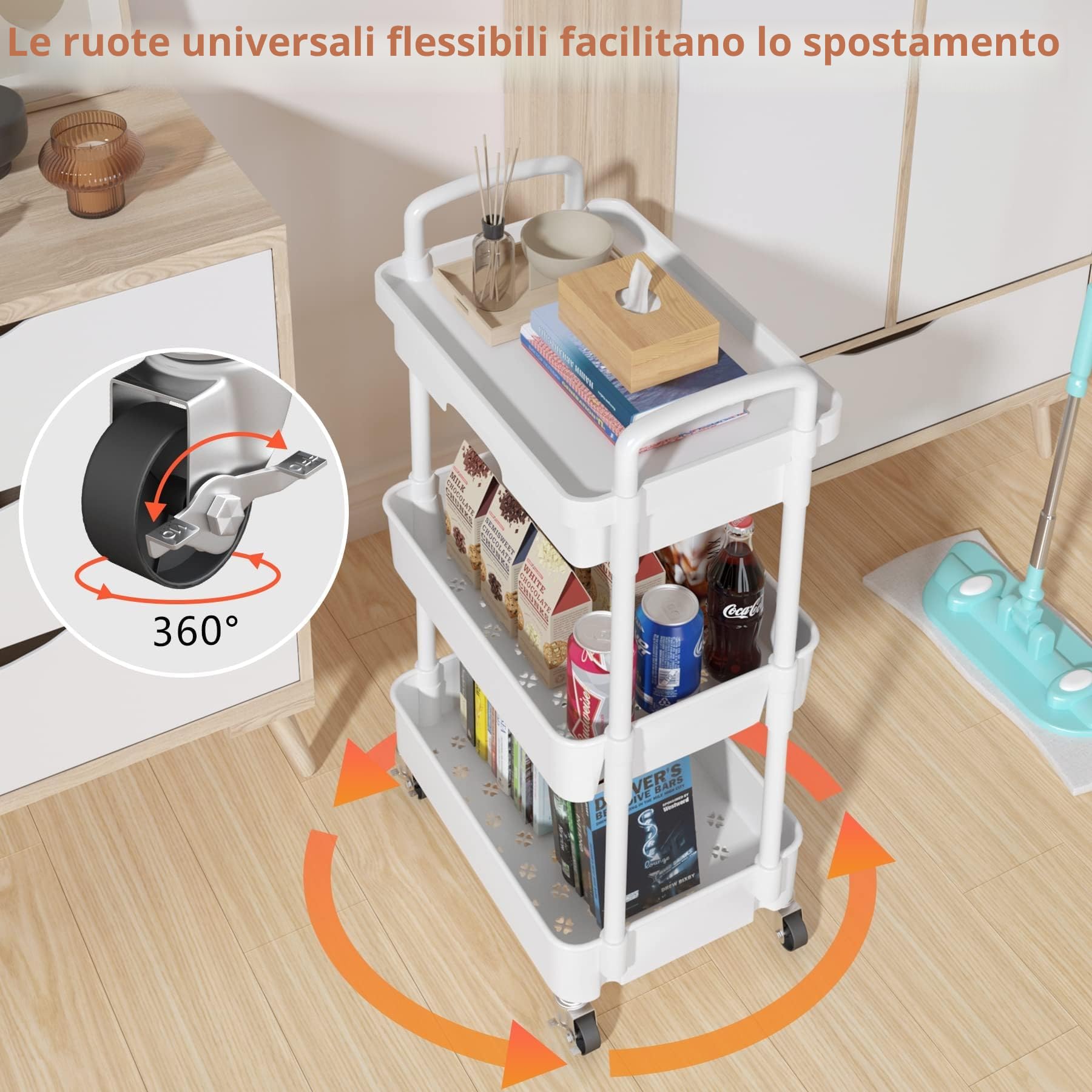 3 livelli Carrellino con Ruote Portatutto con Cassetto Salvaspazio Carrello Portaoggetti per Bagno Cucina Plastica