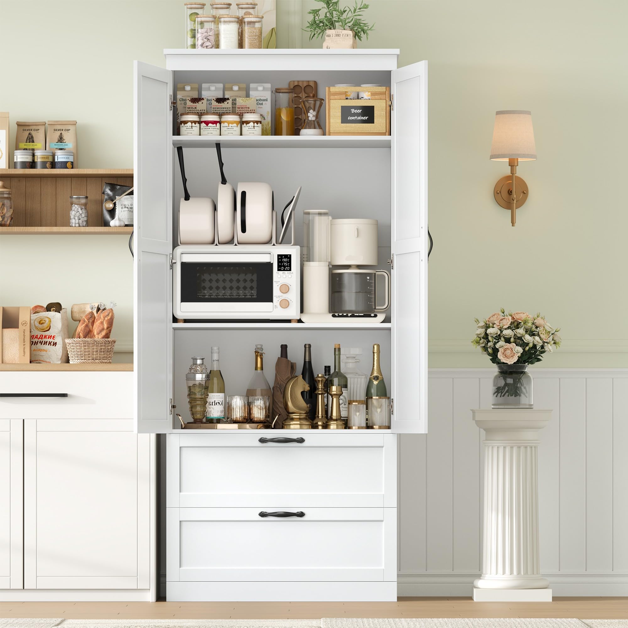 HOCSOK Küchenschrank, Küchenbuffet Buffetschrank, 2 Türen und 2 Schubladen | Vorratsschrank Küche mit Verstellbare Ablage, Hochschrank Mehrzweckschrank, Weiß