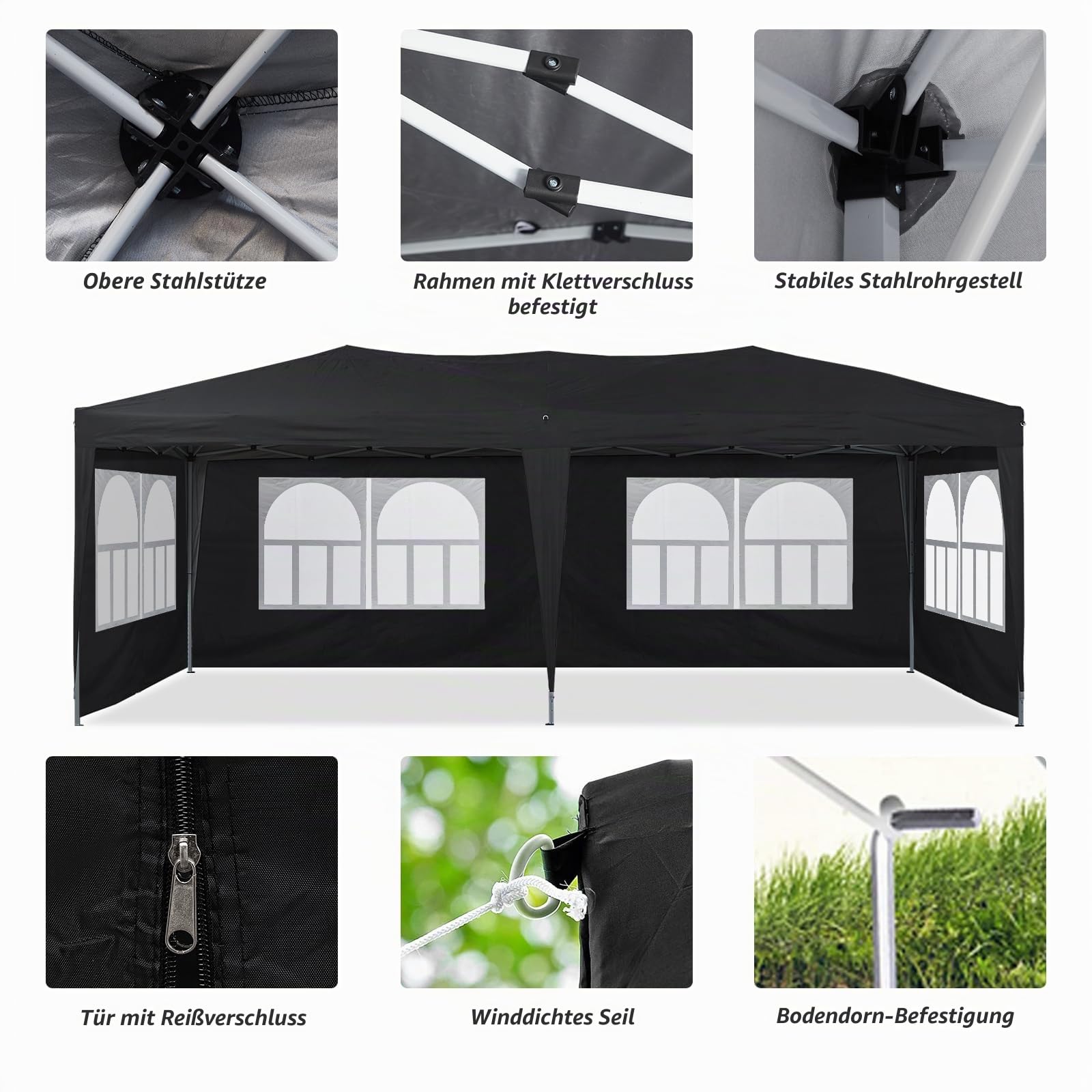 CLIPOP Pavillon 3x6 Faltpavillon, Wasserdicht Stabil mit 6 Seitenteilen, Gartenlauben Partyzelt mit UV-Schutz, Gartenpavillon für Hochzeiten Pavillon für Garten, Party, Festival (Schwarz)