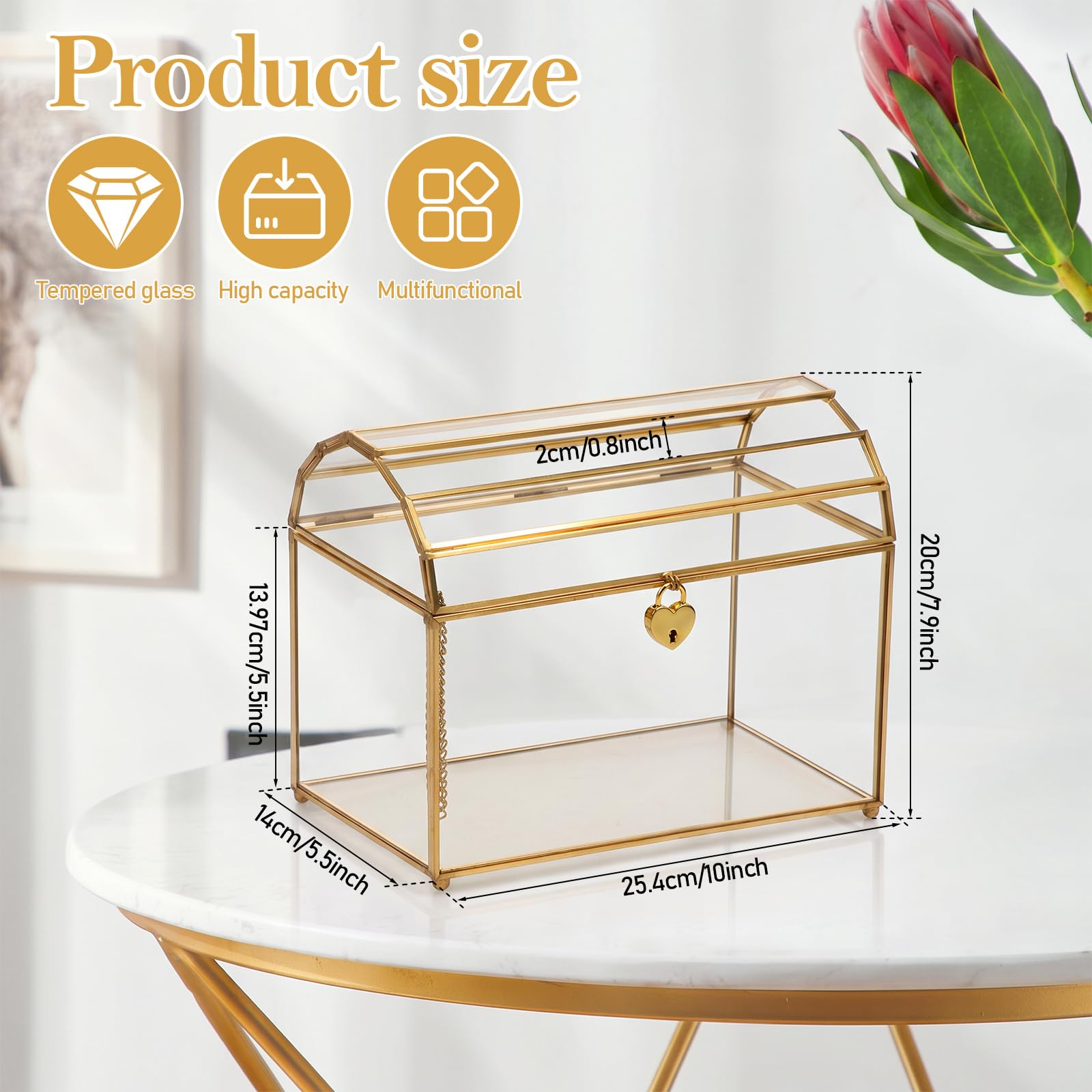 Hochzeitskarten-Box aus Glas mit Herzschloss und Einwurfschlitz | Transparenter Kartenhalter, Abschließbar mit Herzschloss, ideal für Hochzeitsempfang, Geldgeschenke und Karten