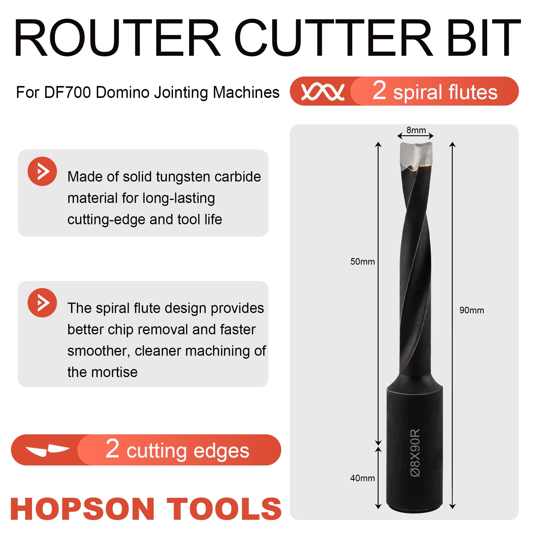 Hopson Tools Solid Carbide Bit for Domino Jointing Machines Cutter by DF700 8mm Diameter Solid Carbide Bit, 1 Piece - Image 2