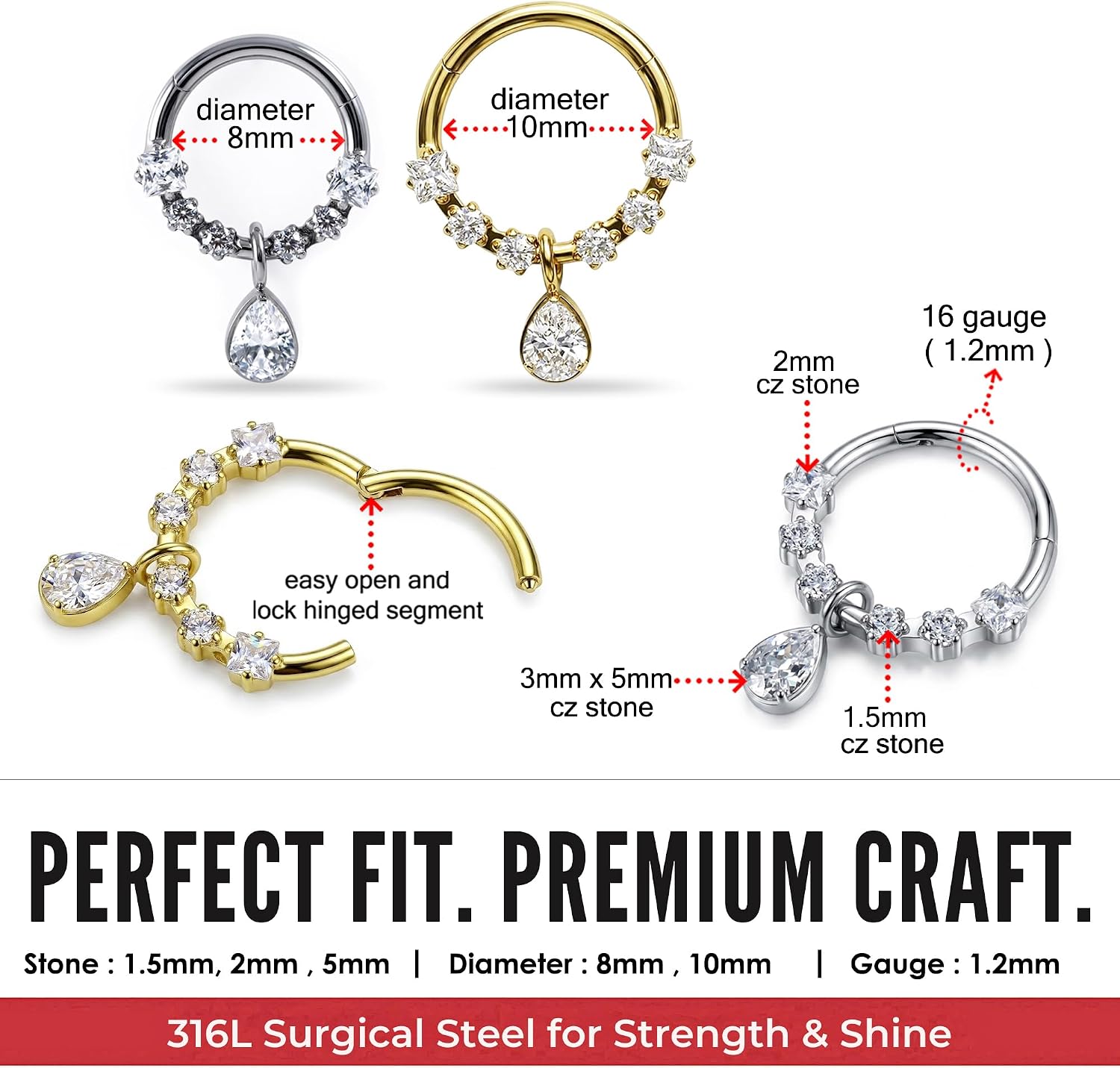 Square and Round with Teardrop Cz Stones Dangling 16 Gauge 316L Surgical Steel Hinged Clicker Segment Ring - Hoop Cartilage - Daith Hoop - Segment Ring Body Jewelry