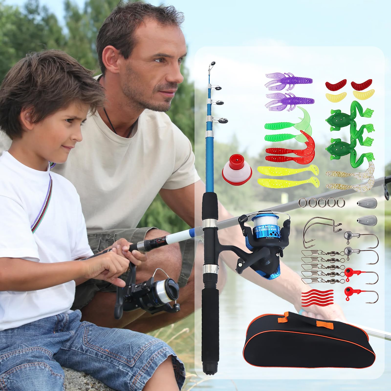 Kit De Pêche pour Enfant: Kit De Canne à Pêche Télescopique, avec Moulinet, Leurres Et Sac De Transport, 1.5m Combo Télescopique Canne Et Moulinet, Canne à Pêches pour Débutants (Bleu)