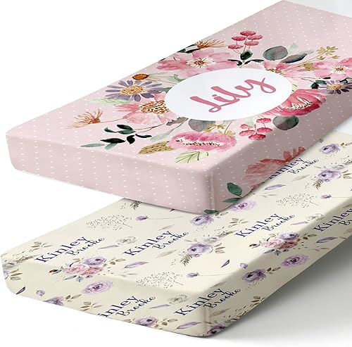 Sábanas personalizadas para cuna  Paquete de 2 sábanas portátiles de flores para cuna con nombre, juego de ropa de cama personalizado para guardería