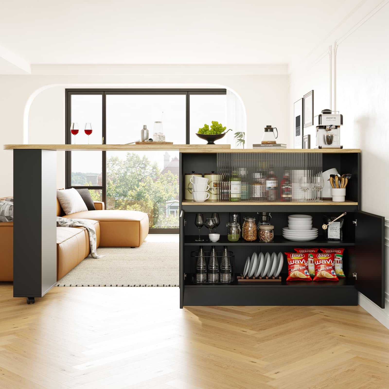 KOMHTOM Table de Bar Extensible avec Espace de Rangement, Meuble Bar avec 2 Portes en Verre, Rotation Libre à 360 °, étagères latérales (Noir)